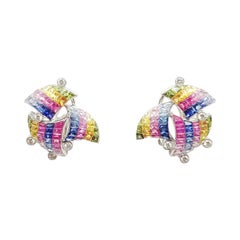 Rainbow Colour Sapphire with Diamond Earrings in 18 Karat White Gold Settings