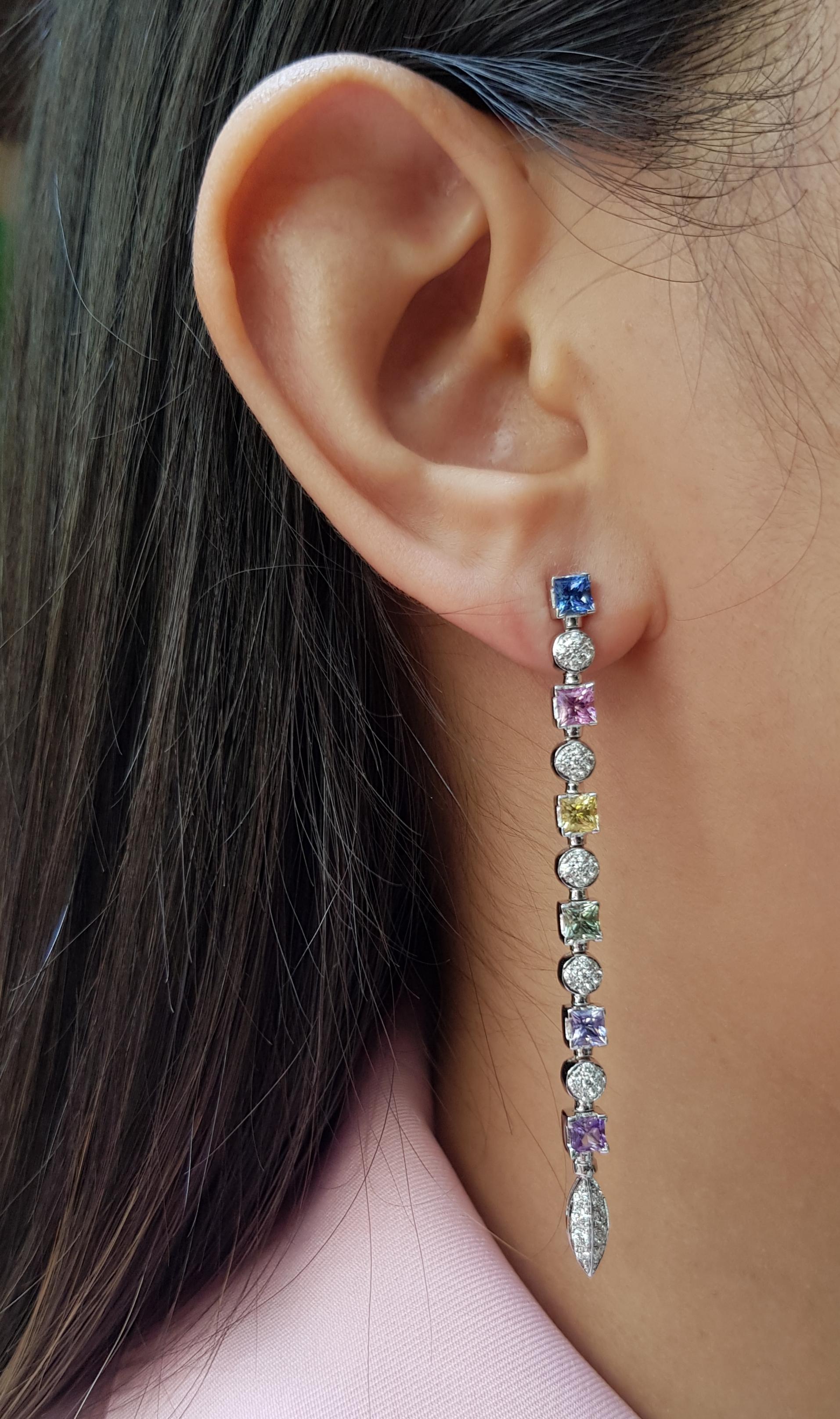 Rainbow Colour Sapphire 8.62 carats with Diamond 0.59 carat Earrings set in 18 Karat White Gold Settings

Width: 0.4 cm
Length: 7.0 cm 

