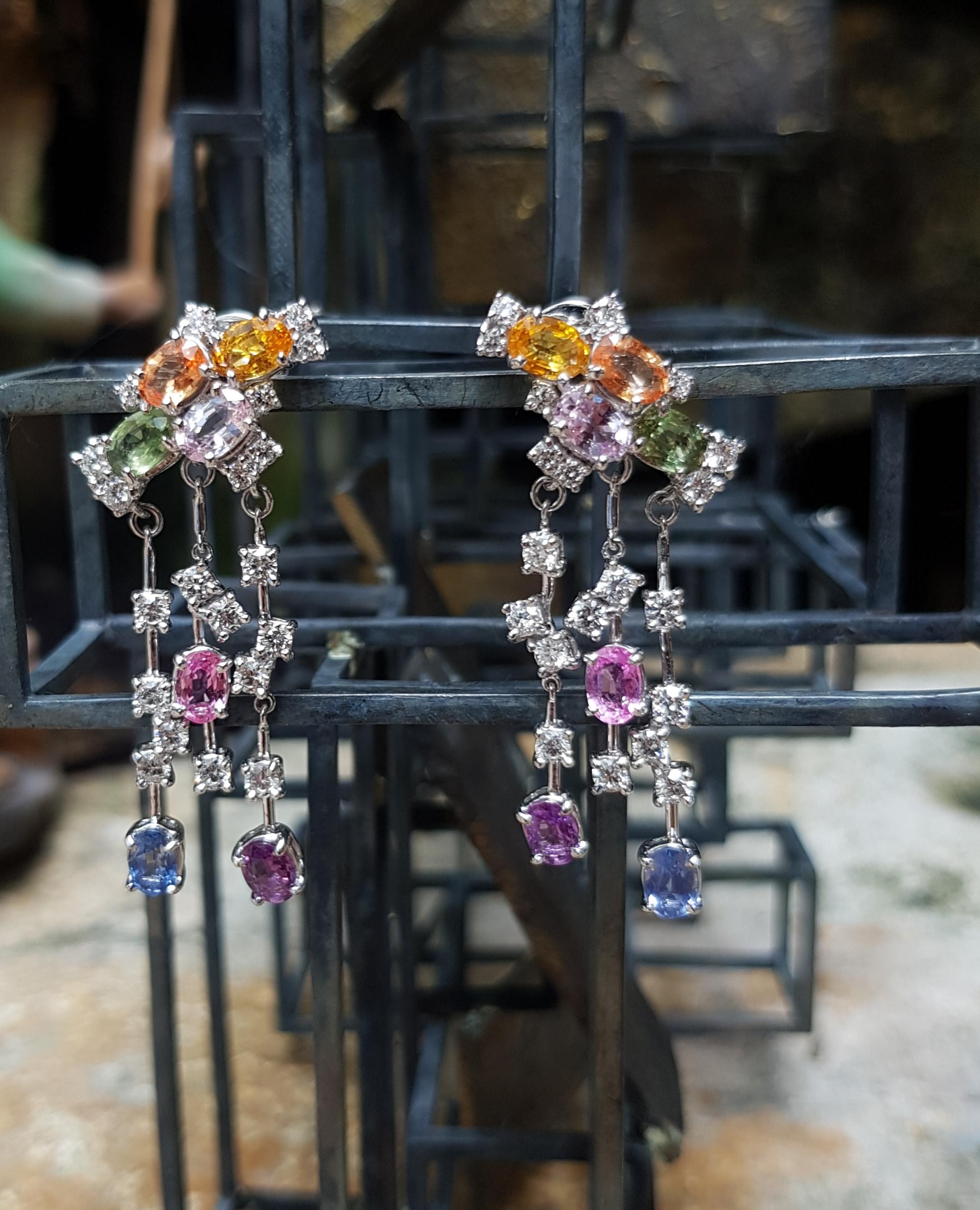 Mixed Cut Rainbow Colour Sapphire with Diamond Earrings Set in 18 Karat White Gold Setting For Sale