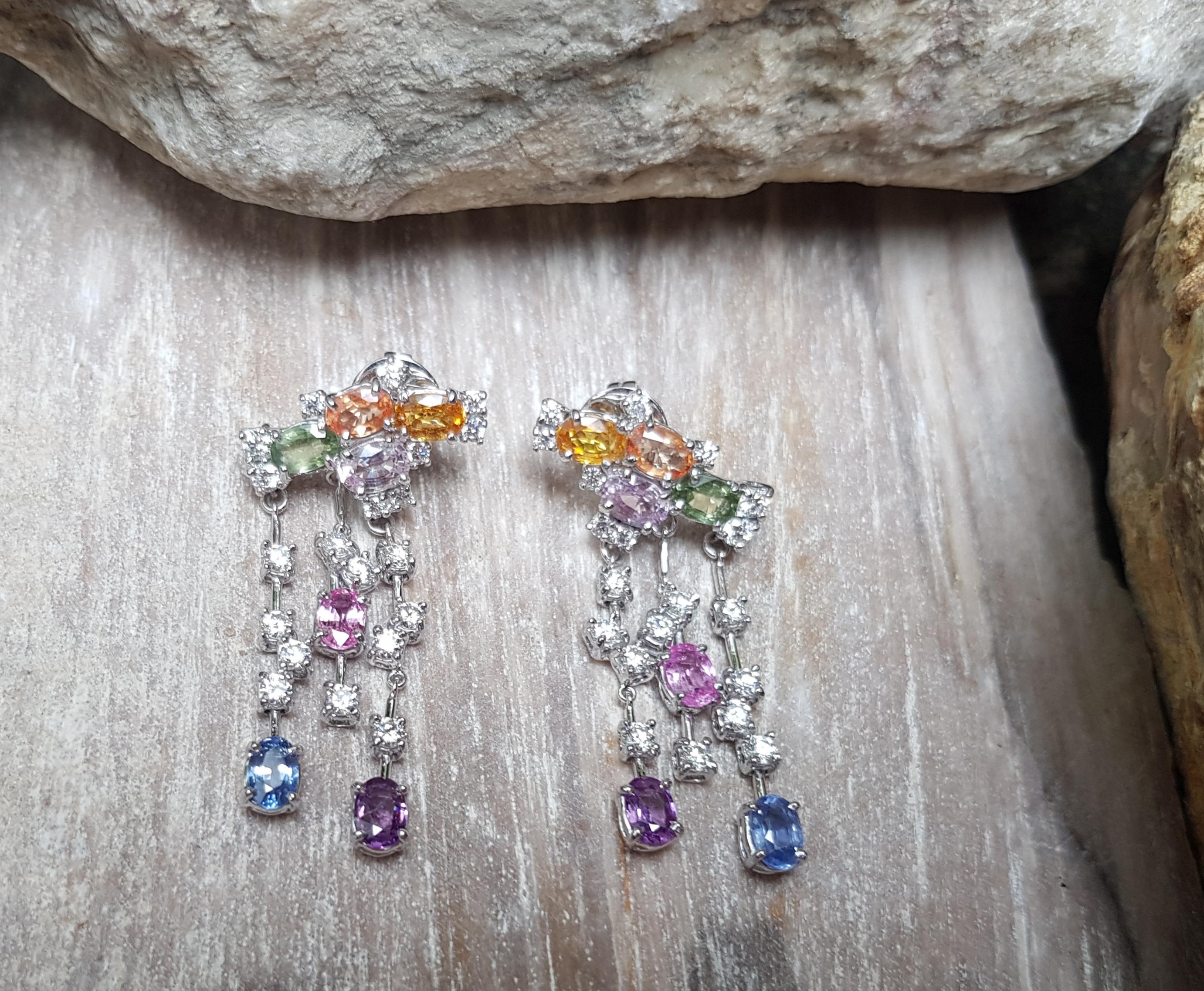 Rainbow Colour Sapphire with Diamond Earrings Set in 18 Karat White Gold Setting In New Condition For Sale In Bangkok, TH