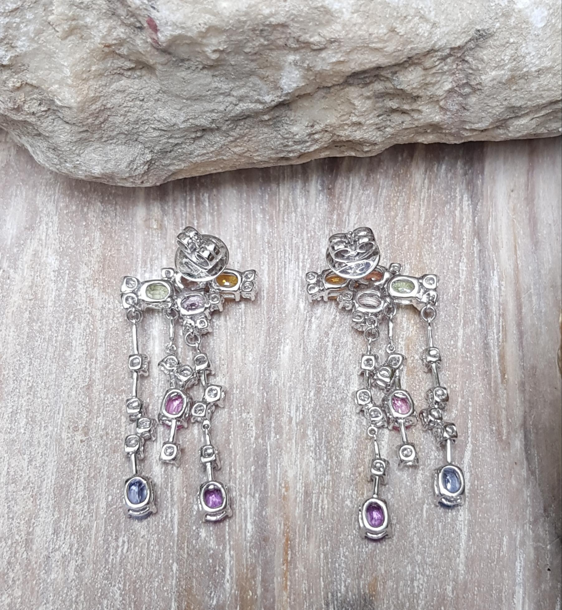 Rainbow Colour Sapphire with Diamond Earrings Set in 18 Karat White Gold Setting For Sale 2