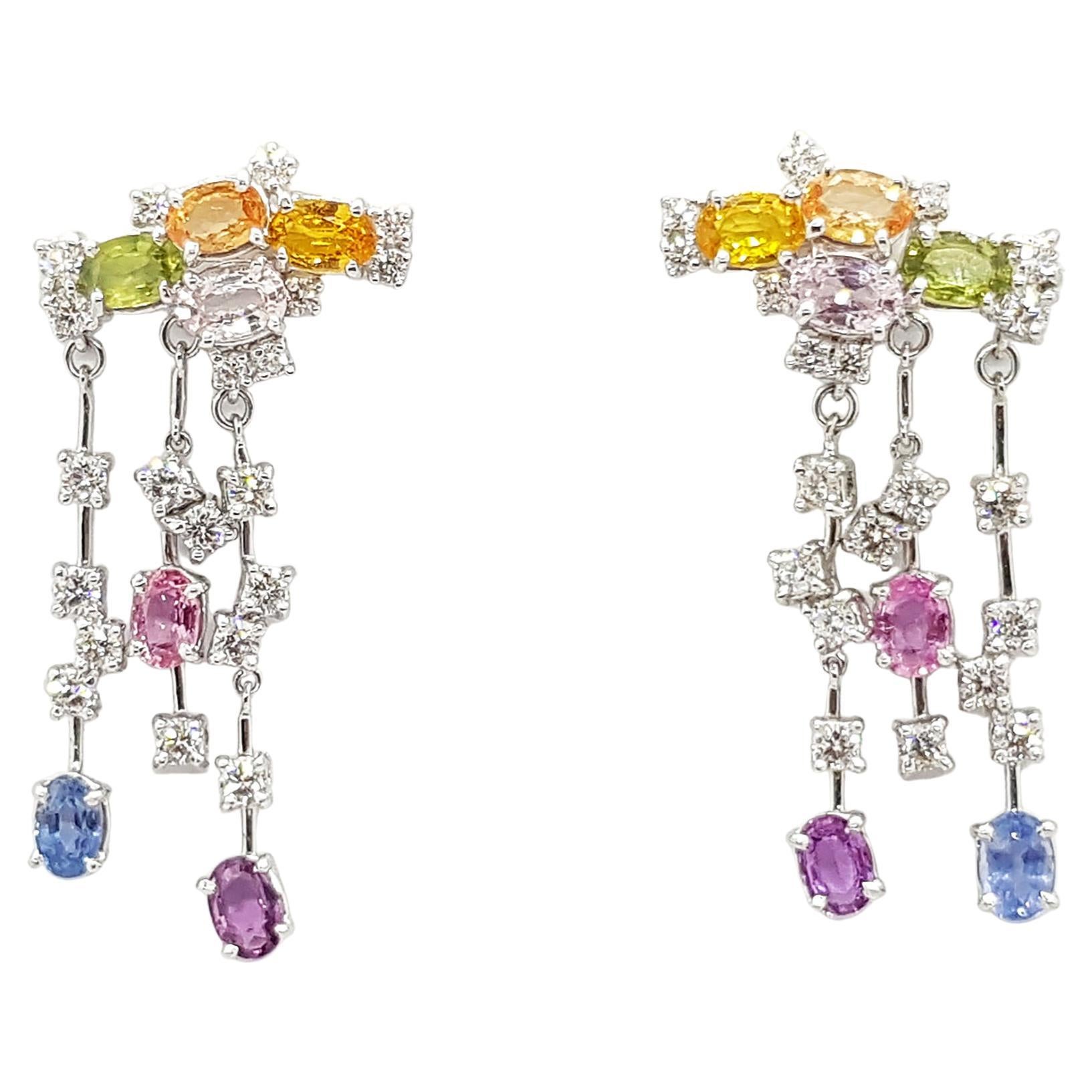 Rainbow Colour Sapphire with Diamond Earrings Set in 18 Karat White Gold Setting For Sale