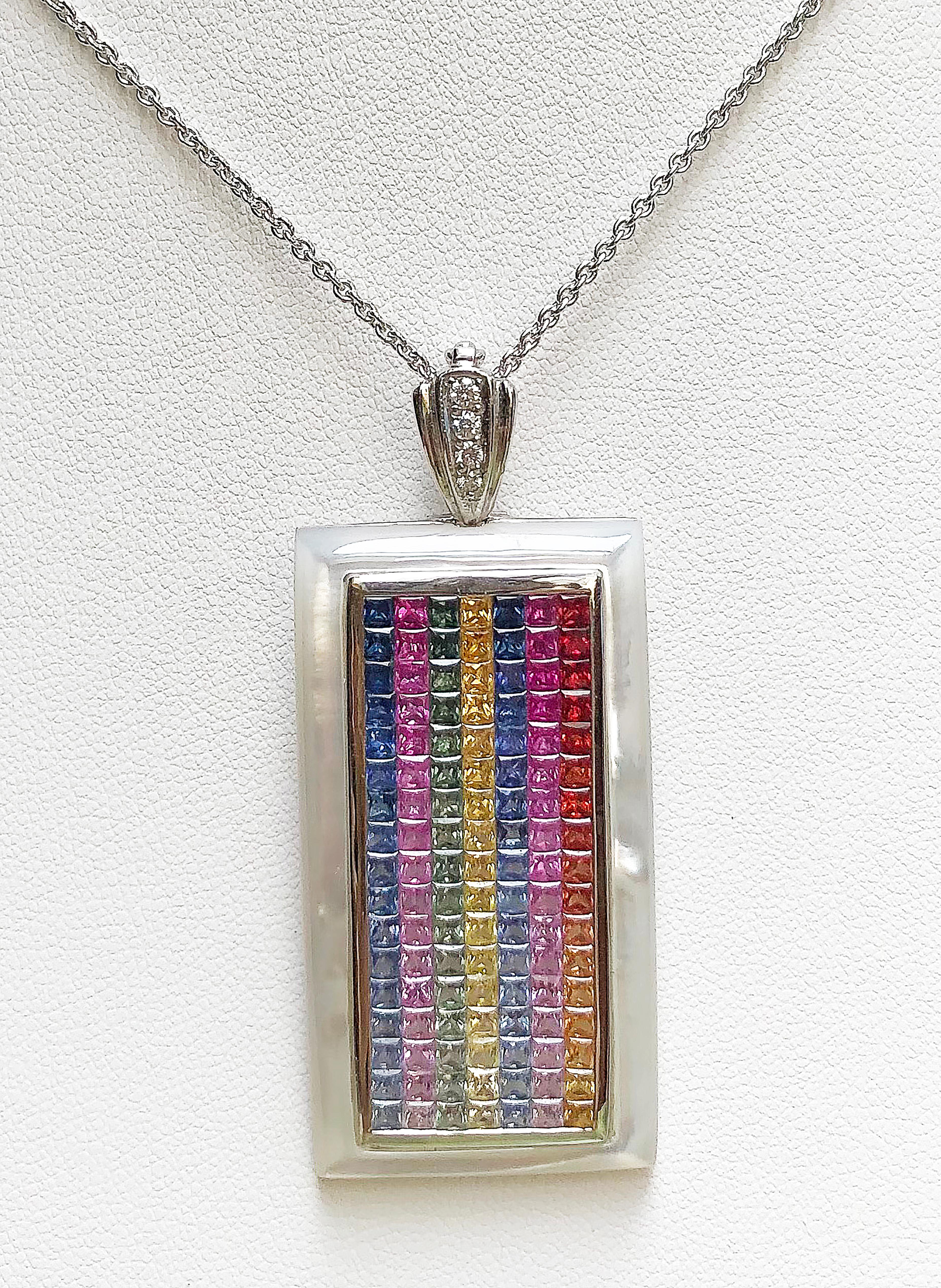 Rainbow Colour Sapphire 9.52 carats with Diamond 0.09 carat Pendant set in 18 Karat White Gold Settings
(chain not included)

Width:  2.3 cm 
Length: 5.5 cm
Total Weight: 17.37 grams


