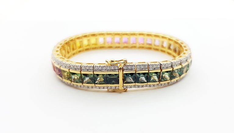 Bracelet En Or Blanc 18 Carats Avec Saphirs Multicolores Et Diamants - Serti 8.50cts & 1.18cts