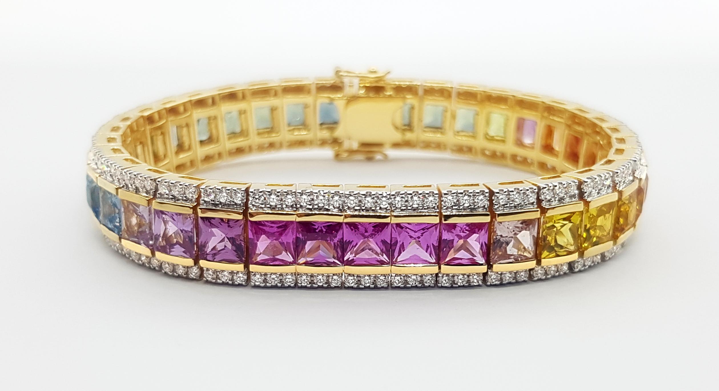 Mehrfarbiger Saphir mit Diamant-Tennisarmband in 18K Goldfassung (Zeitgenössisch) im Angebot