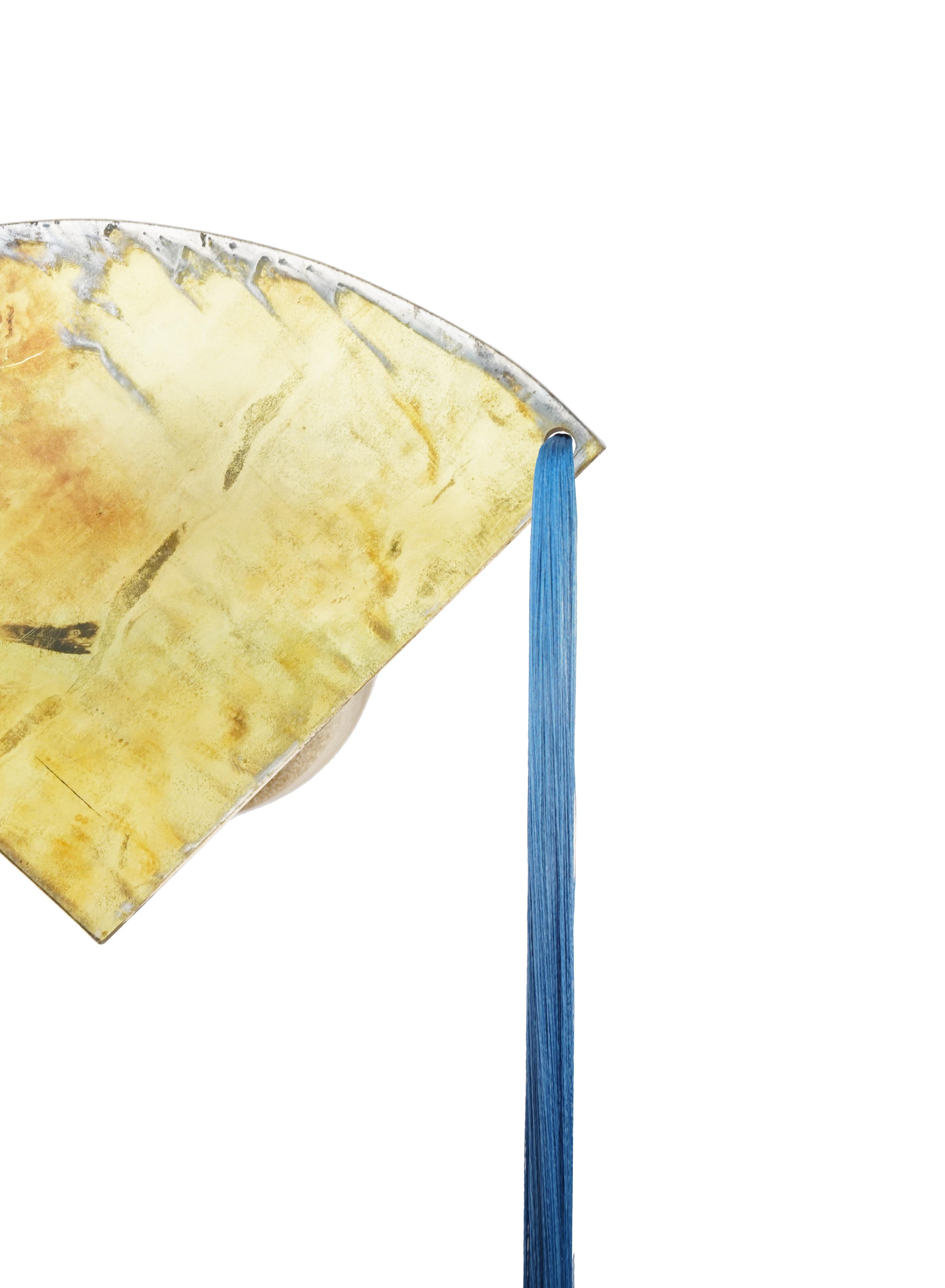 Modern “Rainbow” Contemporary Wall Sconce, Sun Silvered Glass, Brass, Blue Silk Tail For Sale