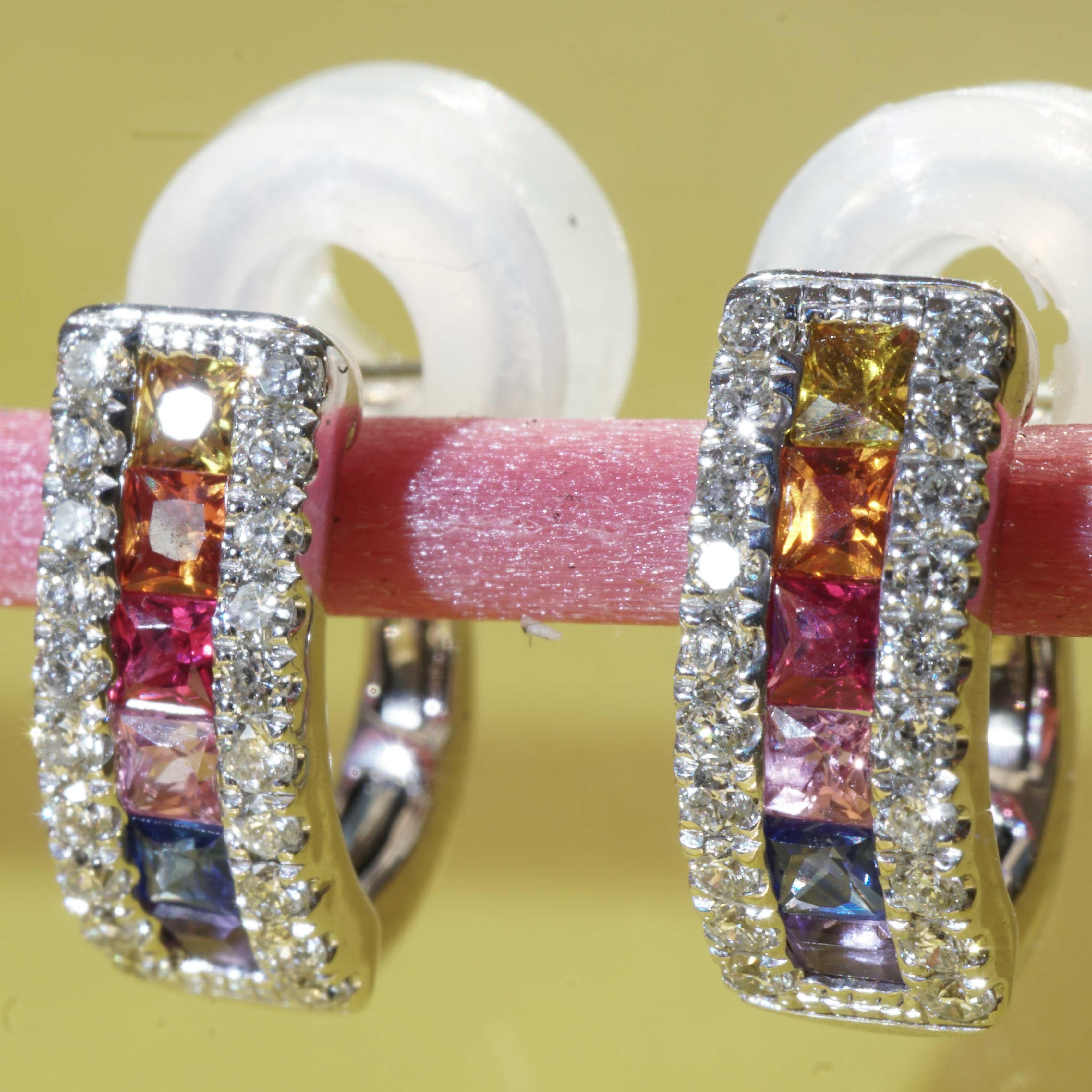 Modern Rainbow Creoles with Bar of colored Saphires, Rubies, Amethyst and Brilliants For Sale