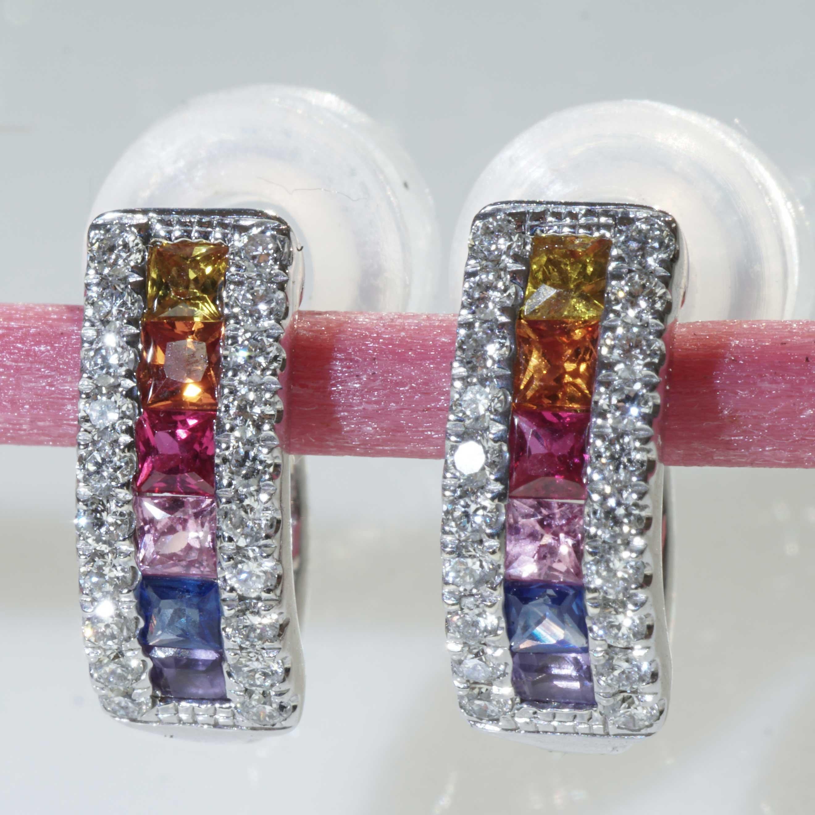 Princess Cut Rainbow Creoles with Bar of colored Saphires, Rubies, Amethyst and Brilliants For Sale