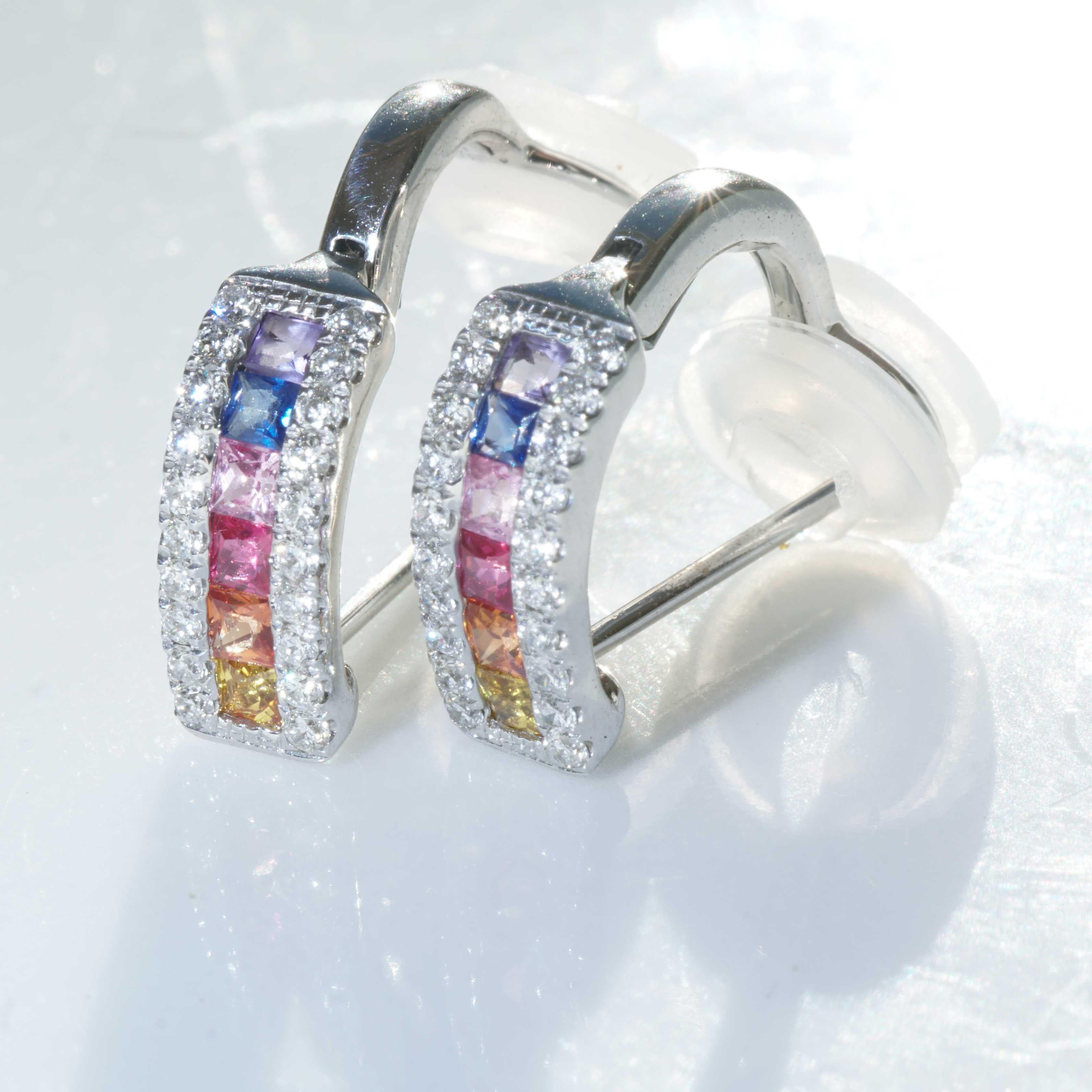 Women's or Men's Rainbow Creoles with Bar of colored Saphires, Rubies, Amethyst and Brilliants For Sale