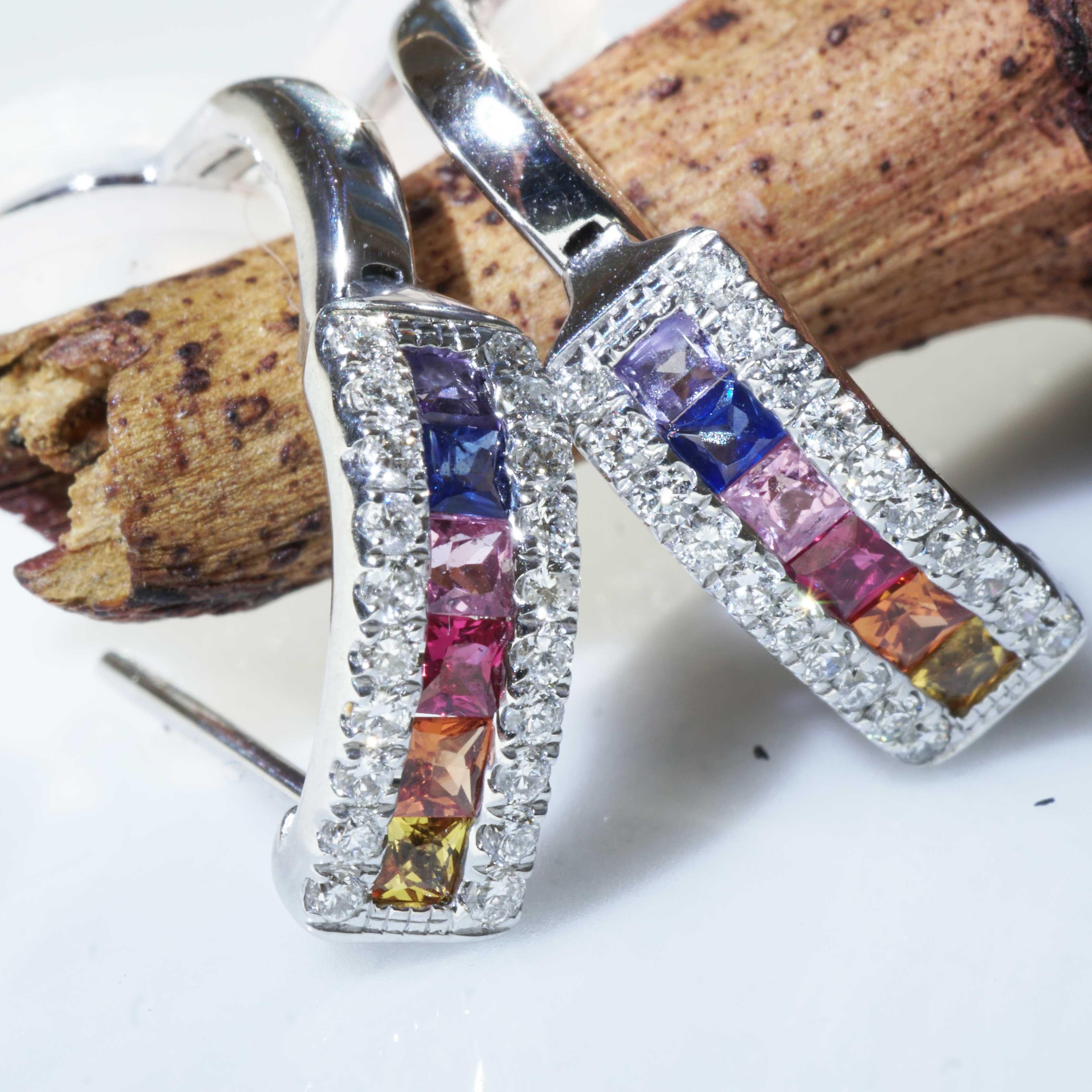 Rainbow Creoles with Bar of colored Saphires, Rubies, Amethyst and Brilliants For Sale 2