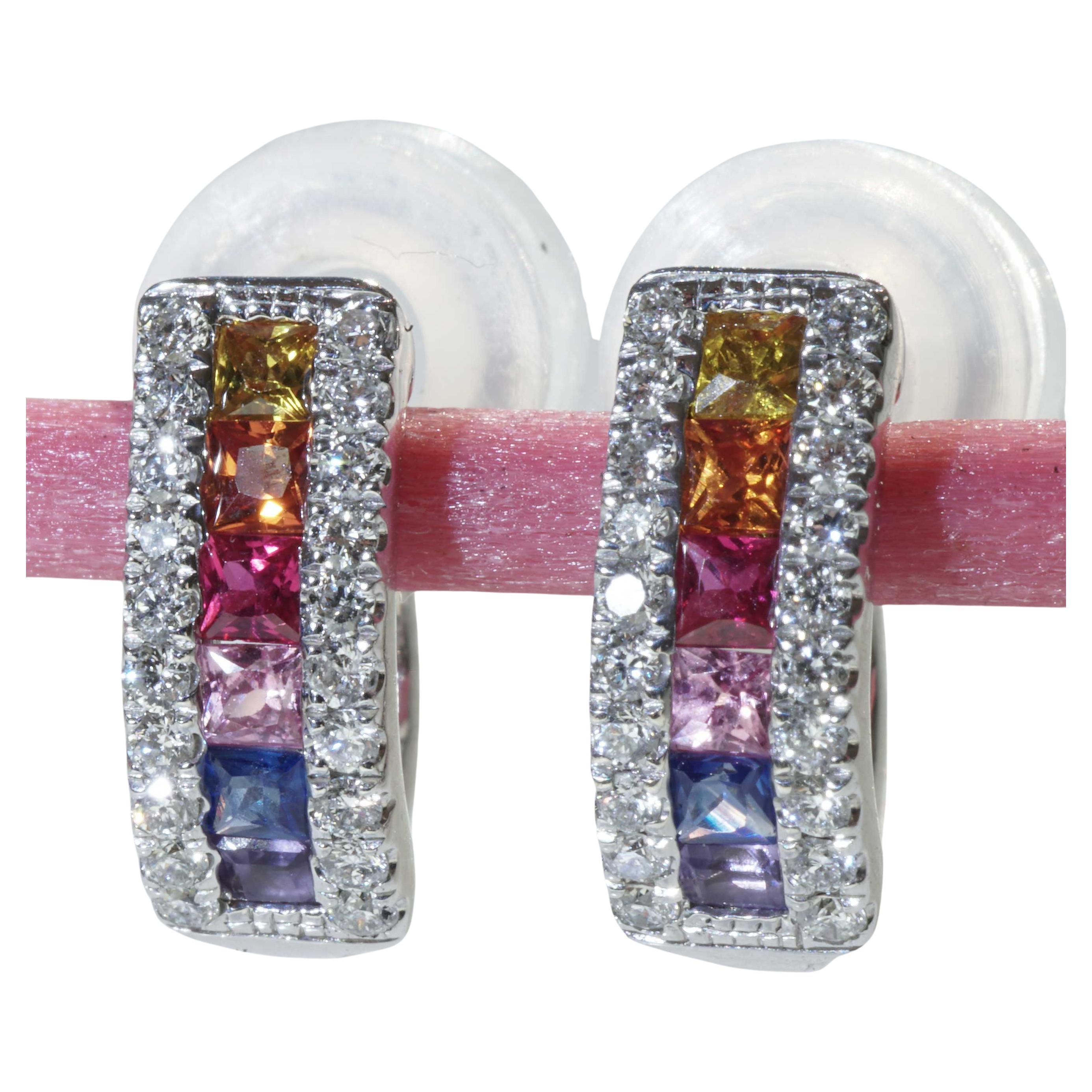 Rainbow Creoles with Bar of colored Saphires, Rubies, Amethyst and Brilliants