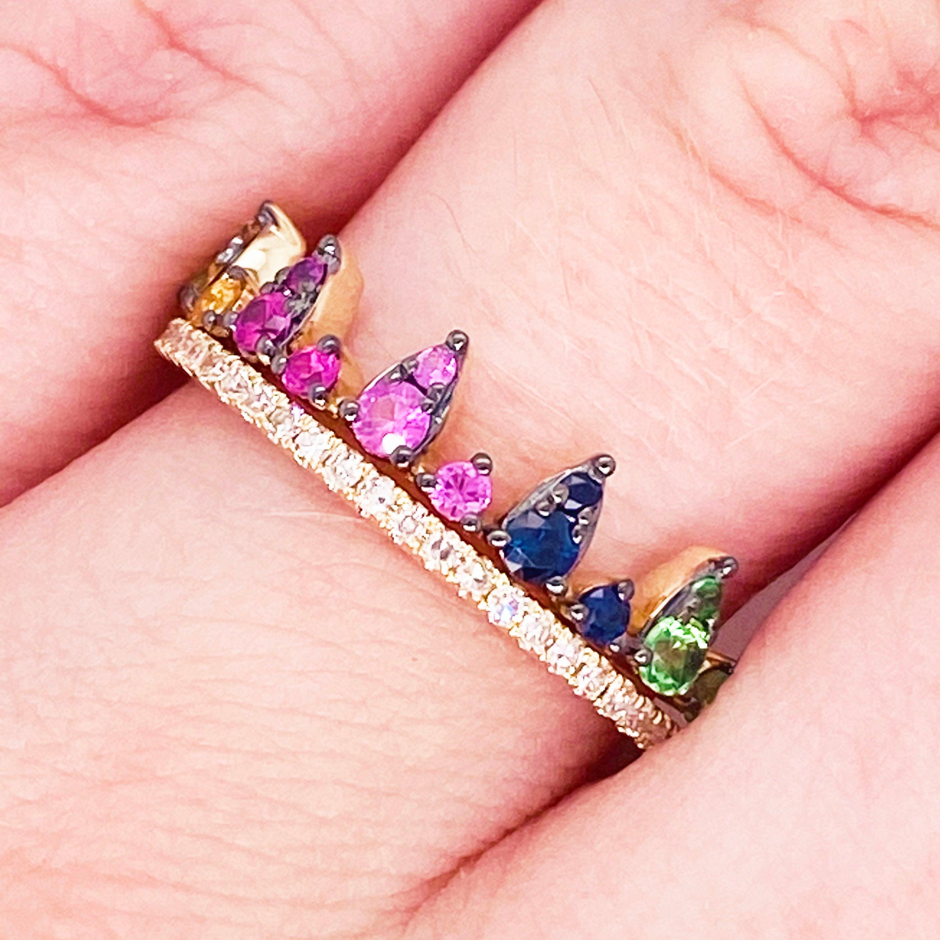 For Sale:  Rainbow Crown Ring 14 Karat Yellow Gold Diamond, Sapphire Tsavorite Wedding Band 2