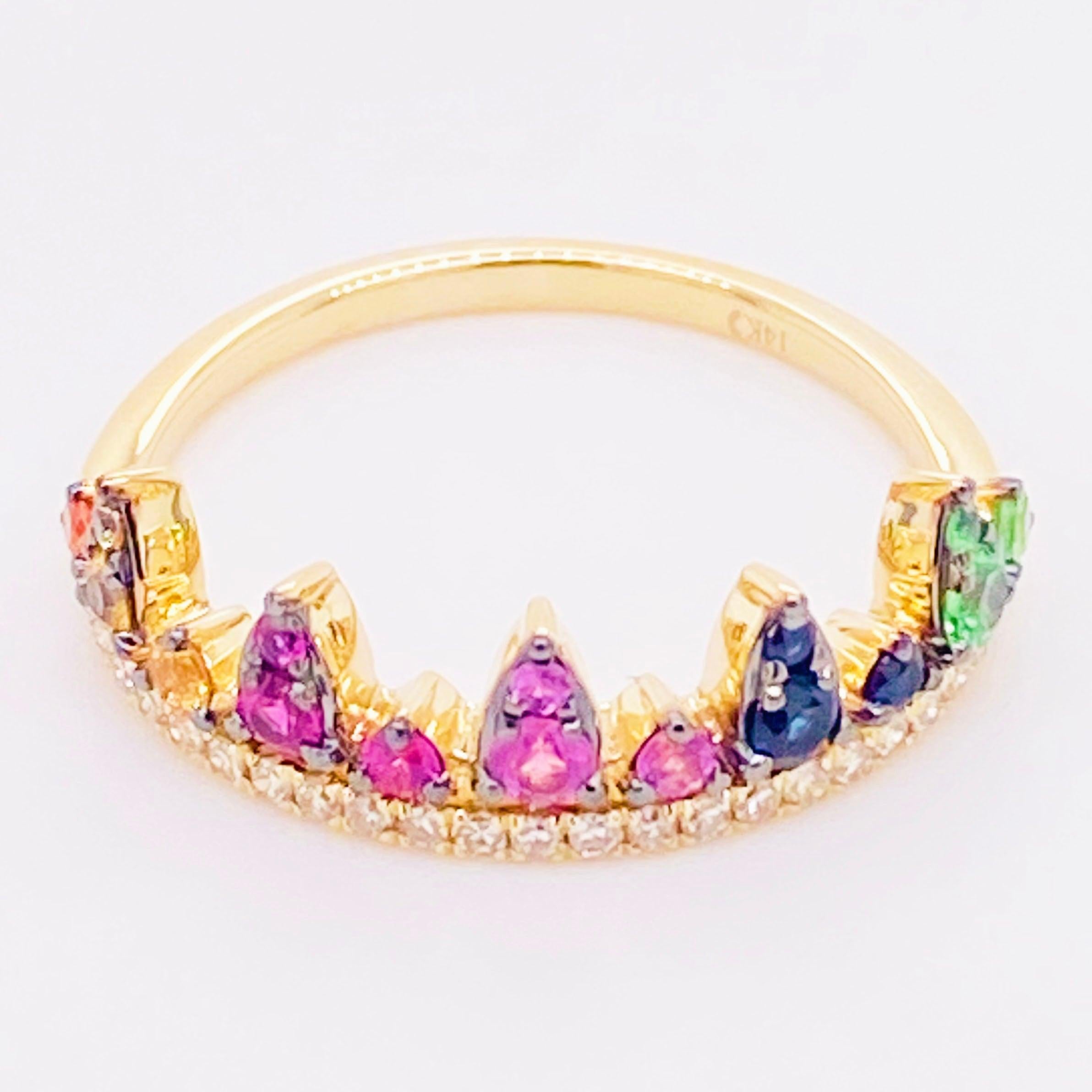 For Sale:  Rainbow Crown Ring 14 Karat Yellow Gold Diamond, Sapphire Tsavorite Wedding Band 3