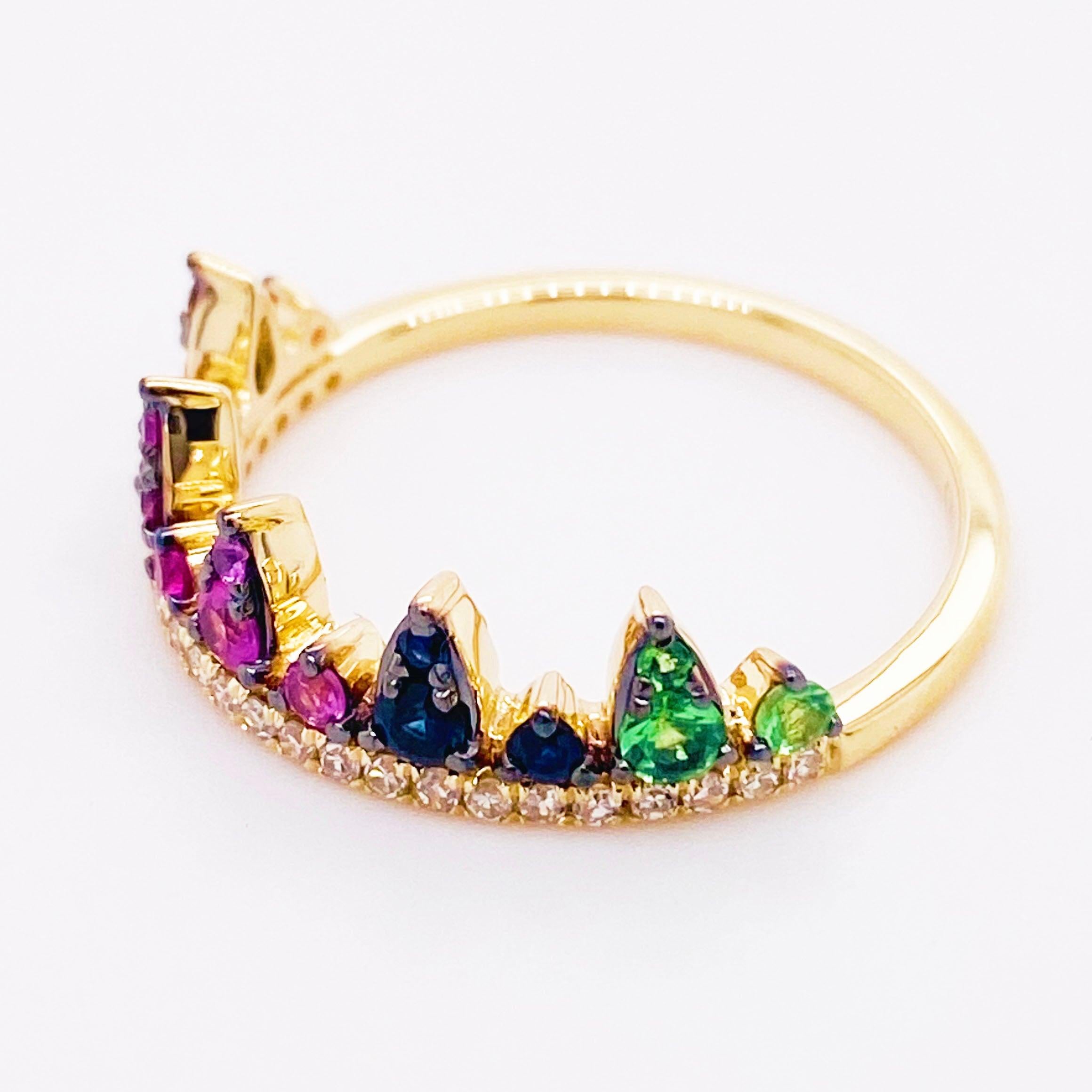 For Sale:  Rainbow Crown Ring 14 Karat Yellow Gold Diamond, Sapphire Tsavorite Wedding Band 4