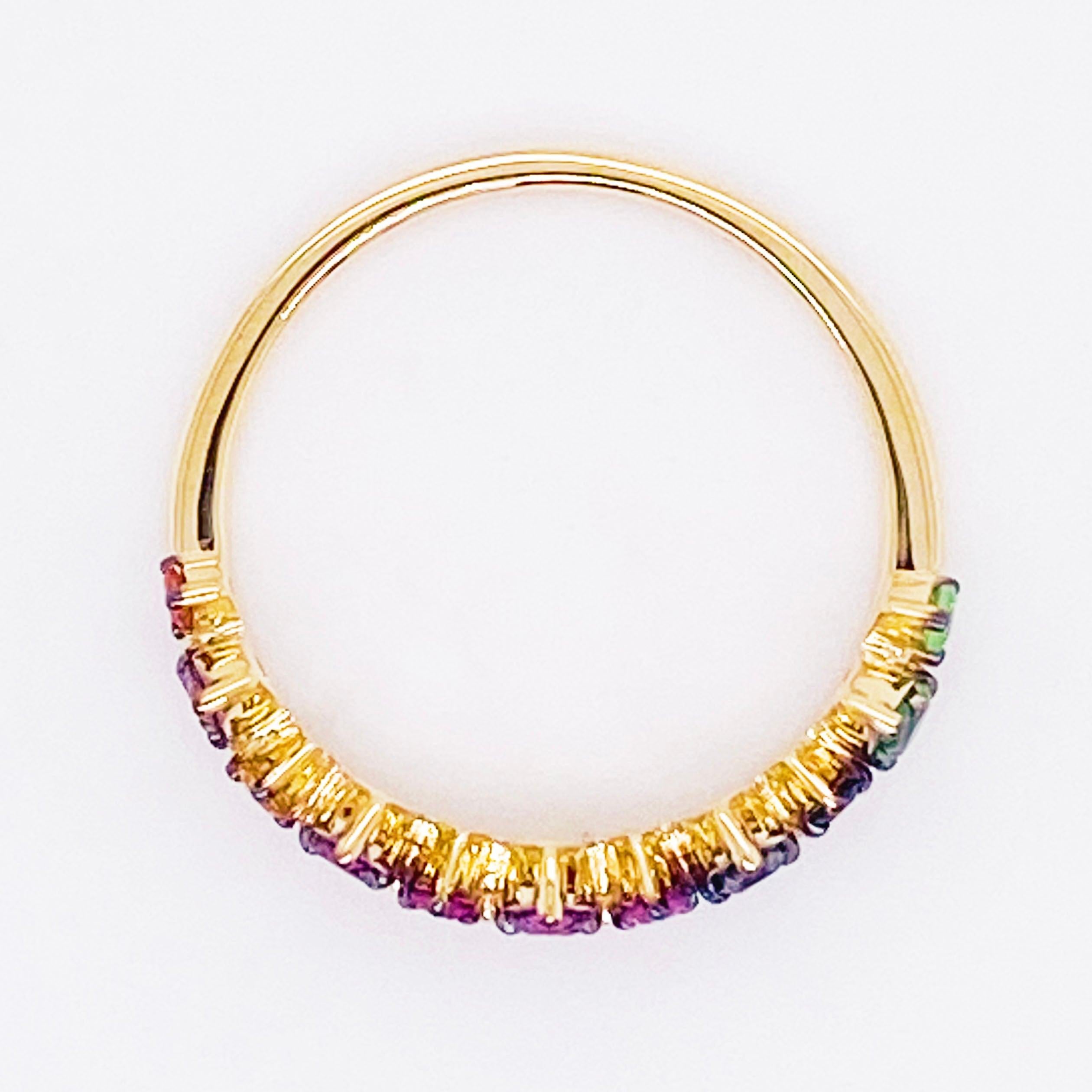 For Sale:  Rainbow Crown Ring 14 Karat Yellow Gold Diamond, Sapphire Tsavorite Wedding Band 7