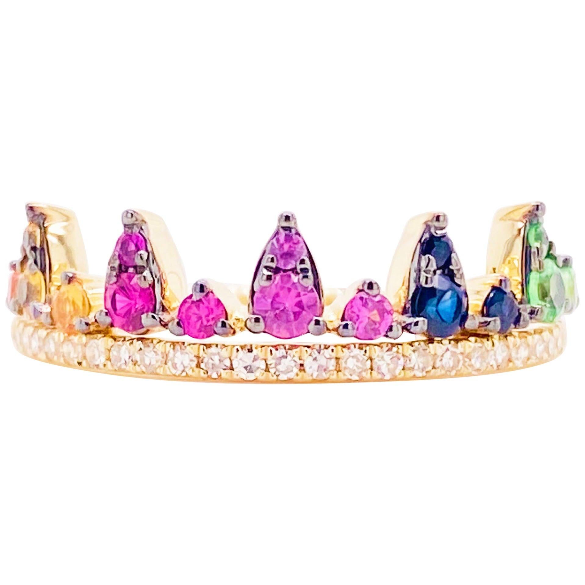 Rainbow Crown Ring 14 Karat Yellow Gold Diamond, Sapphire Tsavorite Wedding Band
