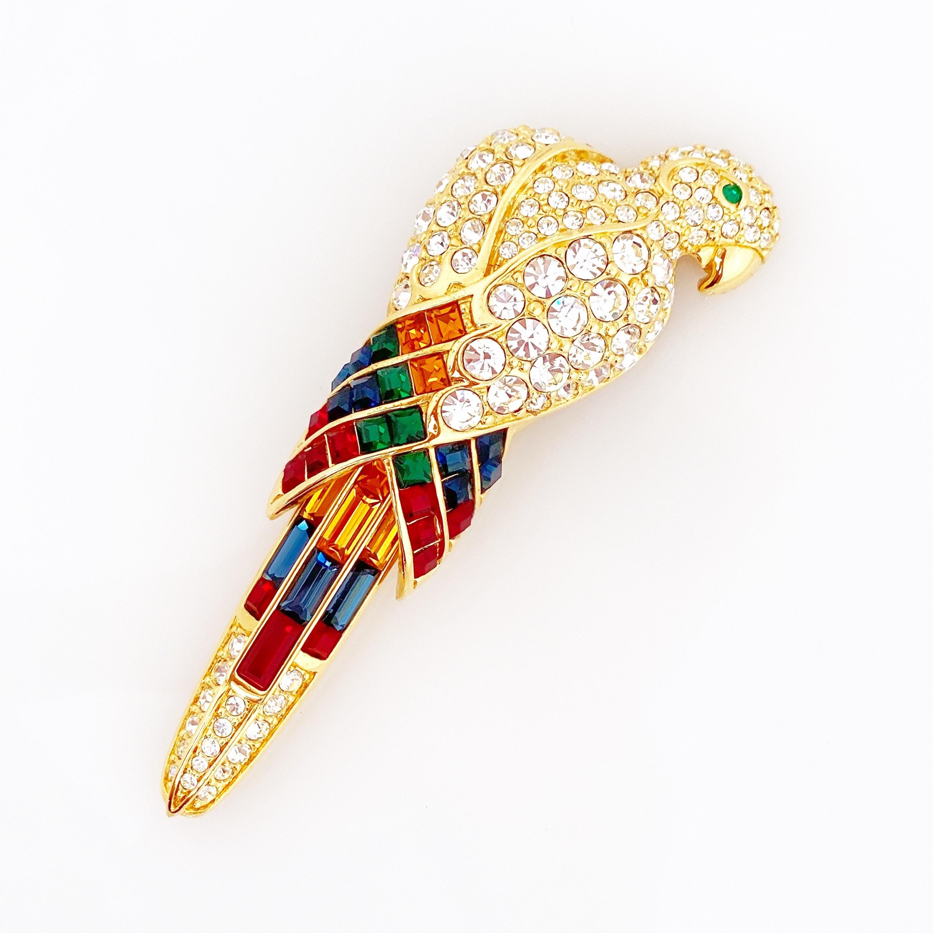 Rainbow Crystal Encrusted Parrot Figural Brooch By Nolan Miller, 1990s In Good Condition In McKinney, TX