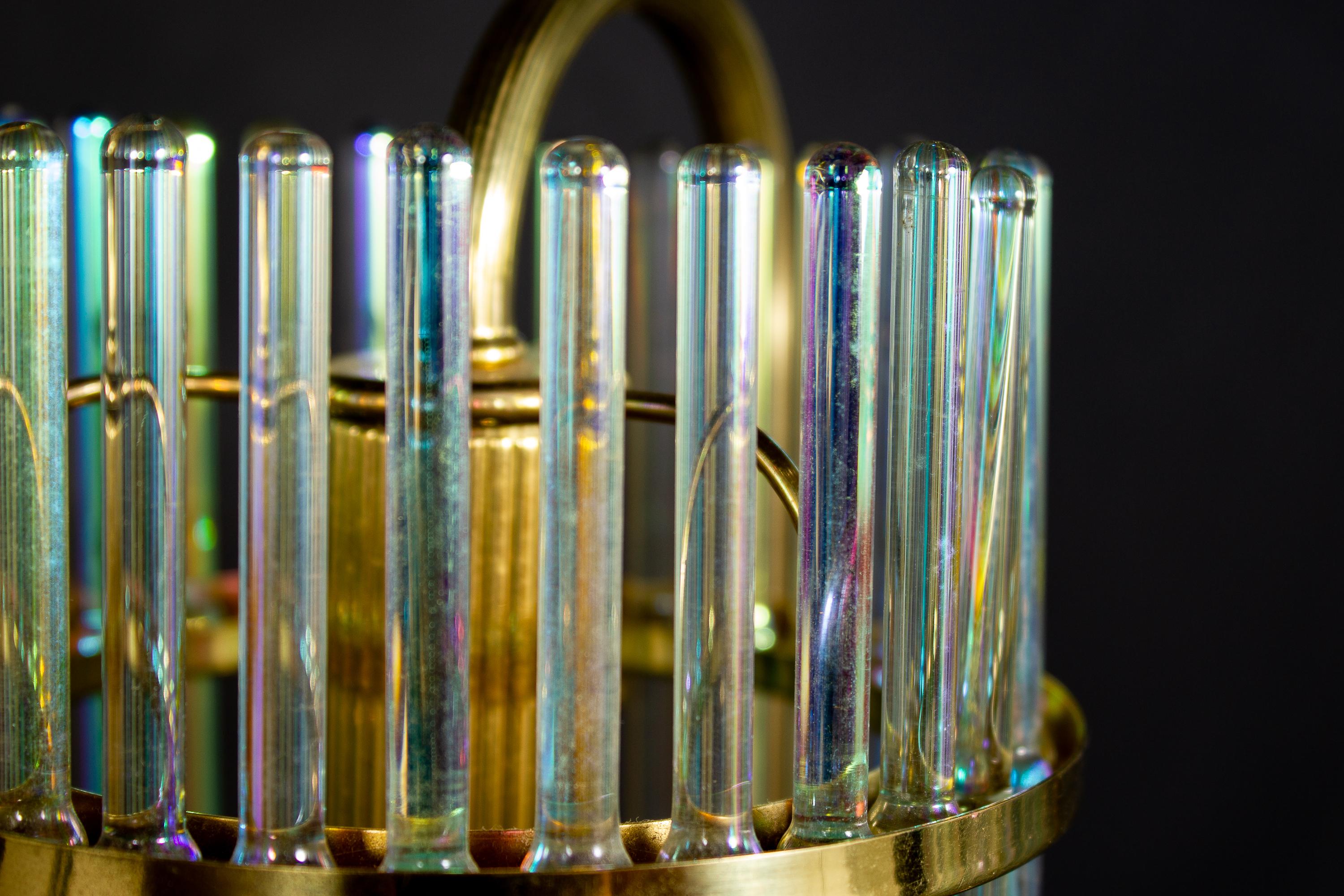Rainbow Crystal Rod and Brass Chandelier or Lantern by Gaetano Sciolari, 1960s In Excellent Condition For Sale In Rome, IT