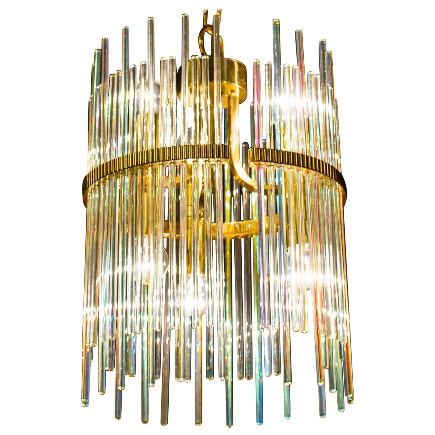 Rainbow Crystal Rod and Brass Chandelier or Lantern by Gaetano Sciolari, 1960s For Sale