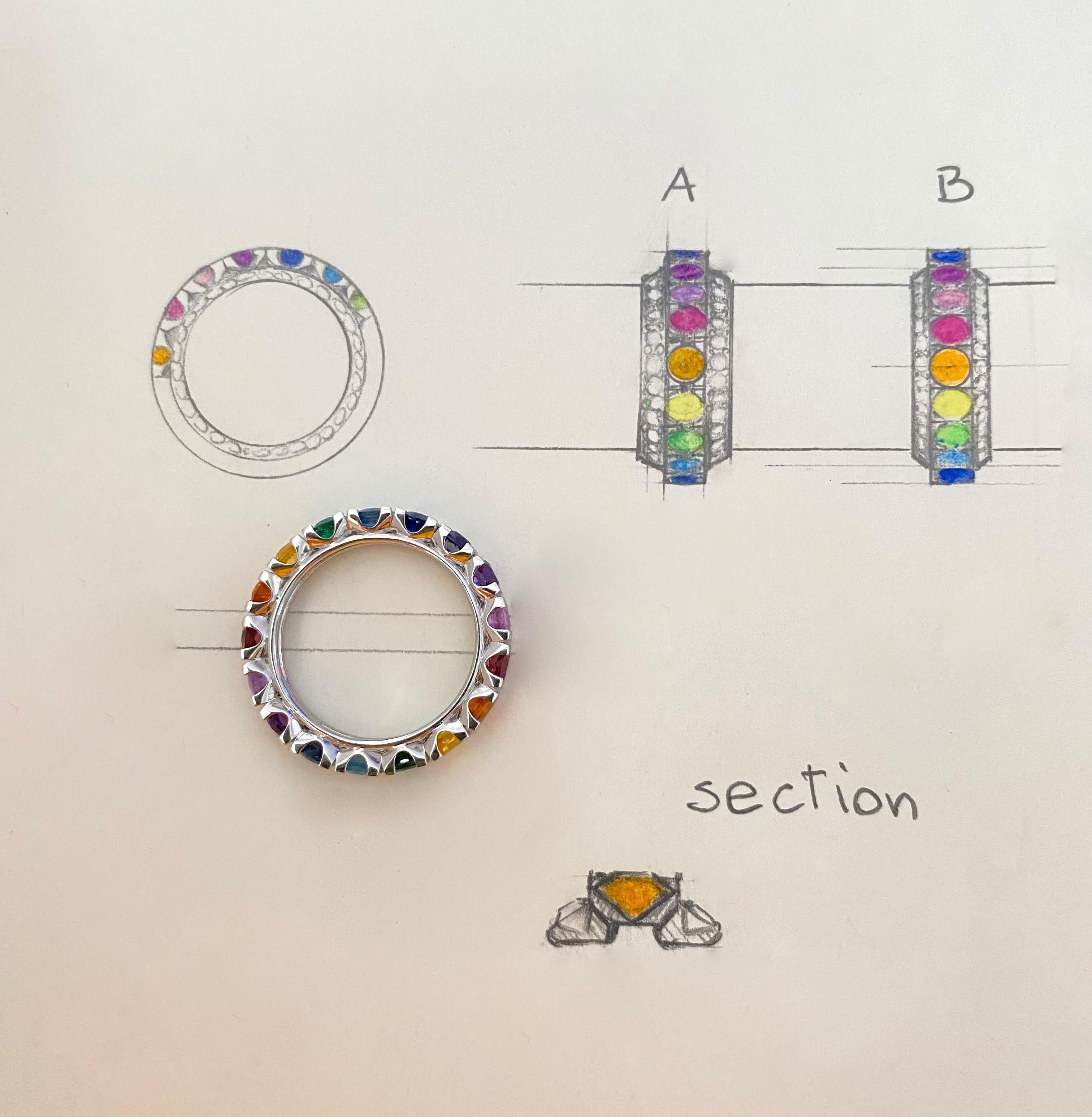 In the uploaded images, the ring corresponds to drawing B.
This project stems from a modification at the request of the customer, to place a diamond border on each side of the ring next to the central body of the rainbow ring.
As can be seen from