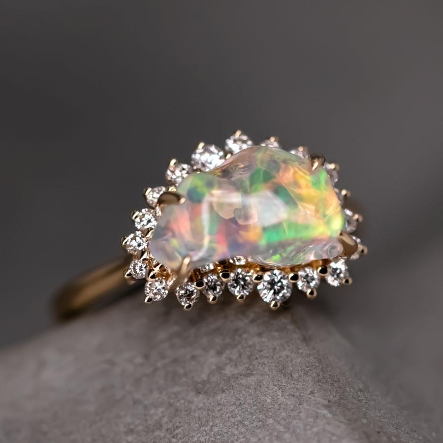 Arts and Crafts Rainbow Dream - 2.33ct Fire Opal Halo Diamond Engagement Ring 18K Yellow Gold For Sale