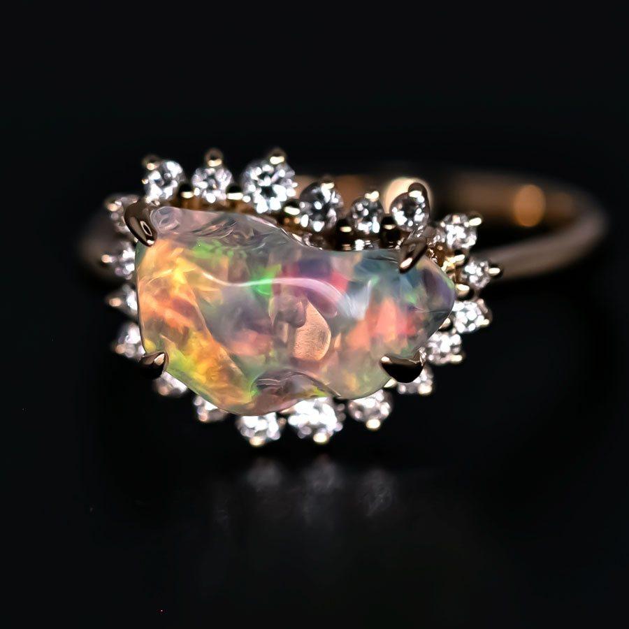 Rainbow Dream - 2.33ct Fire Opal Halo Diamond Engagement Ring 18K Yellow Gold For Sale 1