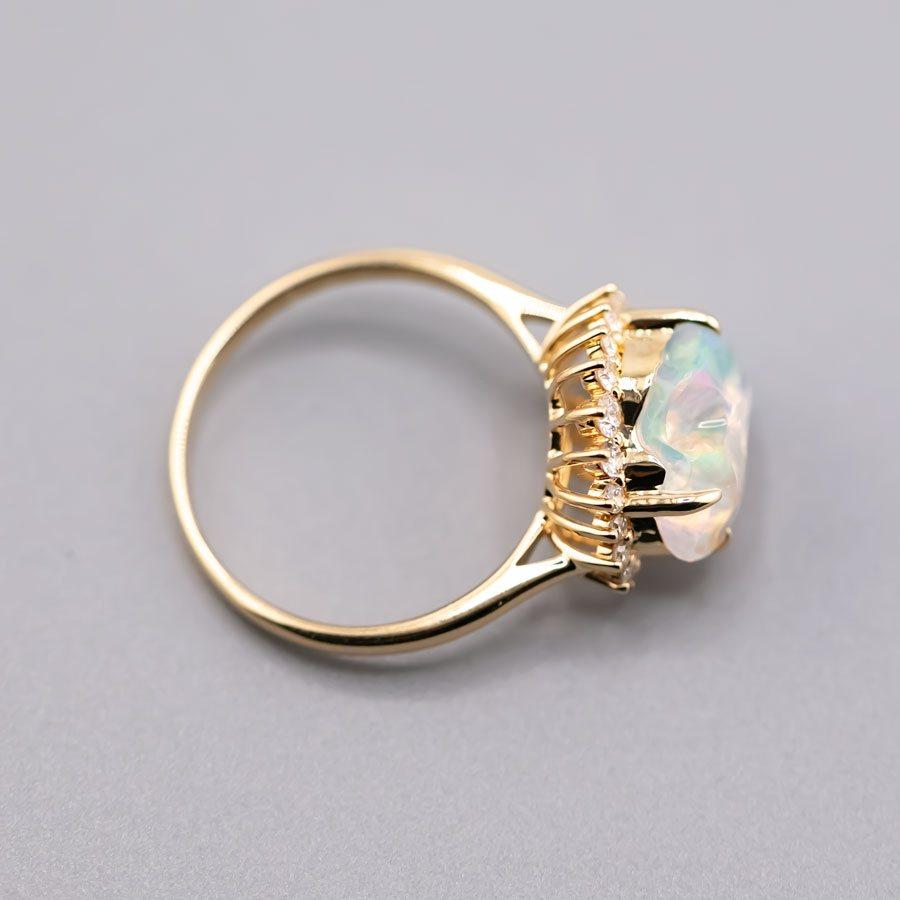 Rainbow Dream - 2.33ct Fire Opal Halo Diamond Engagement Ring 18K Yellow Gold For Sale 2