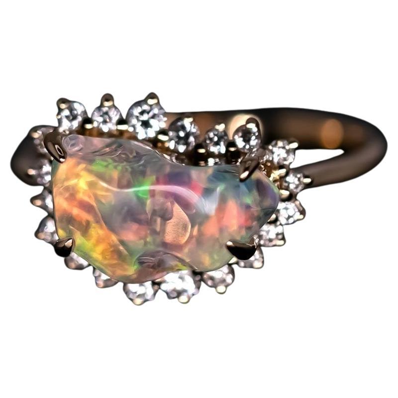 Rainbow Dream - 2.33ct Fire Opal Halo Diamond Engagement Ring 18K Yellow Gold