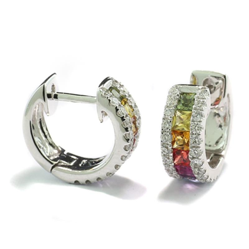Contemporary Rainbow Earrings sapphires multicolor princess cut and diamonds 18Kt White Gold For Sale