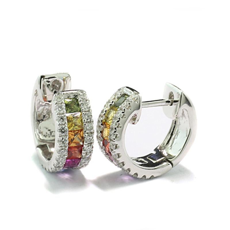 Princess Cut Rainbow Earrings sapphires multicolor princess cut and diamonds 18Kt White Gold For Sale