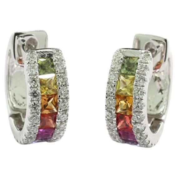 Boucles d'oreilles Rainbow Diamonds saphirs multicolores taille princesse et diamants Or blanc 18Kt