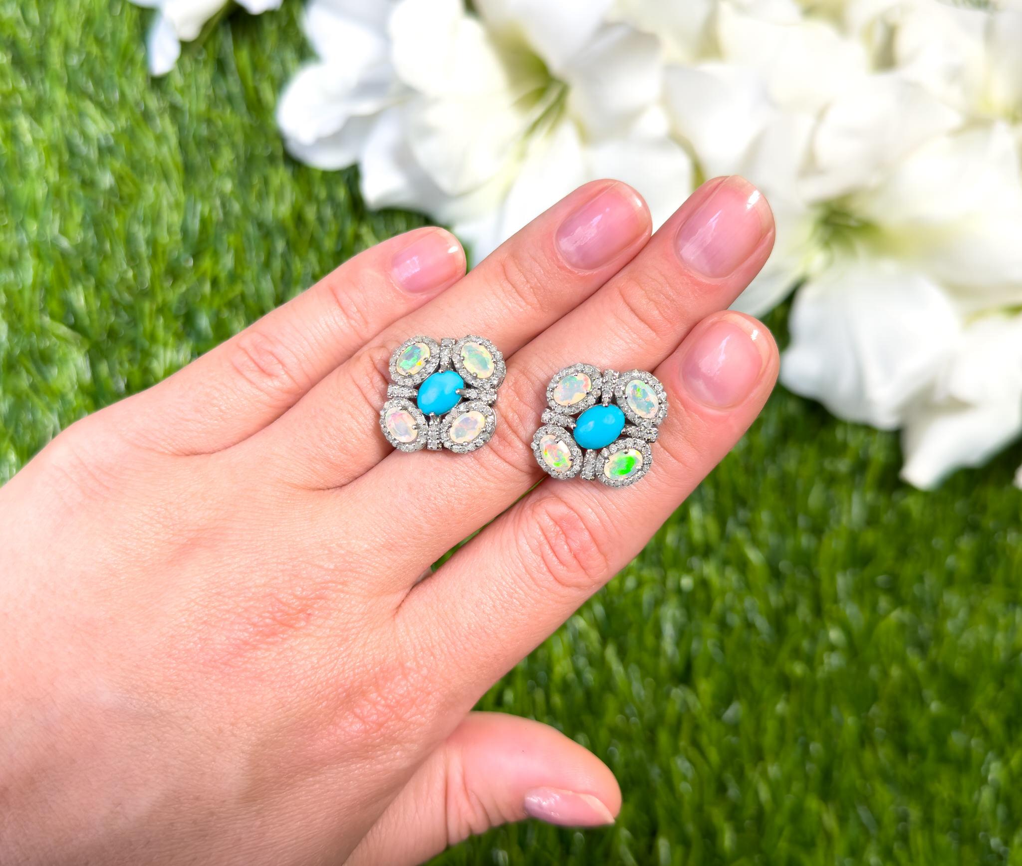 Art Deco Rainbow Earrings Turquoise Opals Diamonds 5.15 Carats For Sale