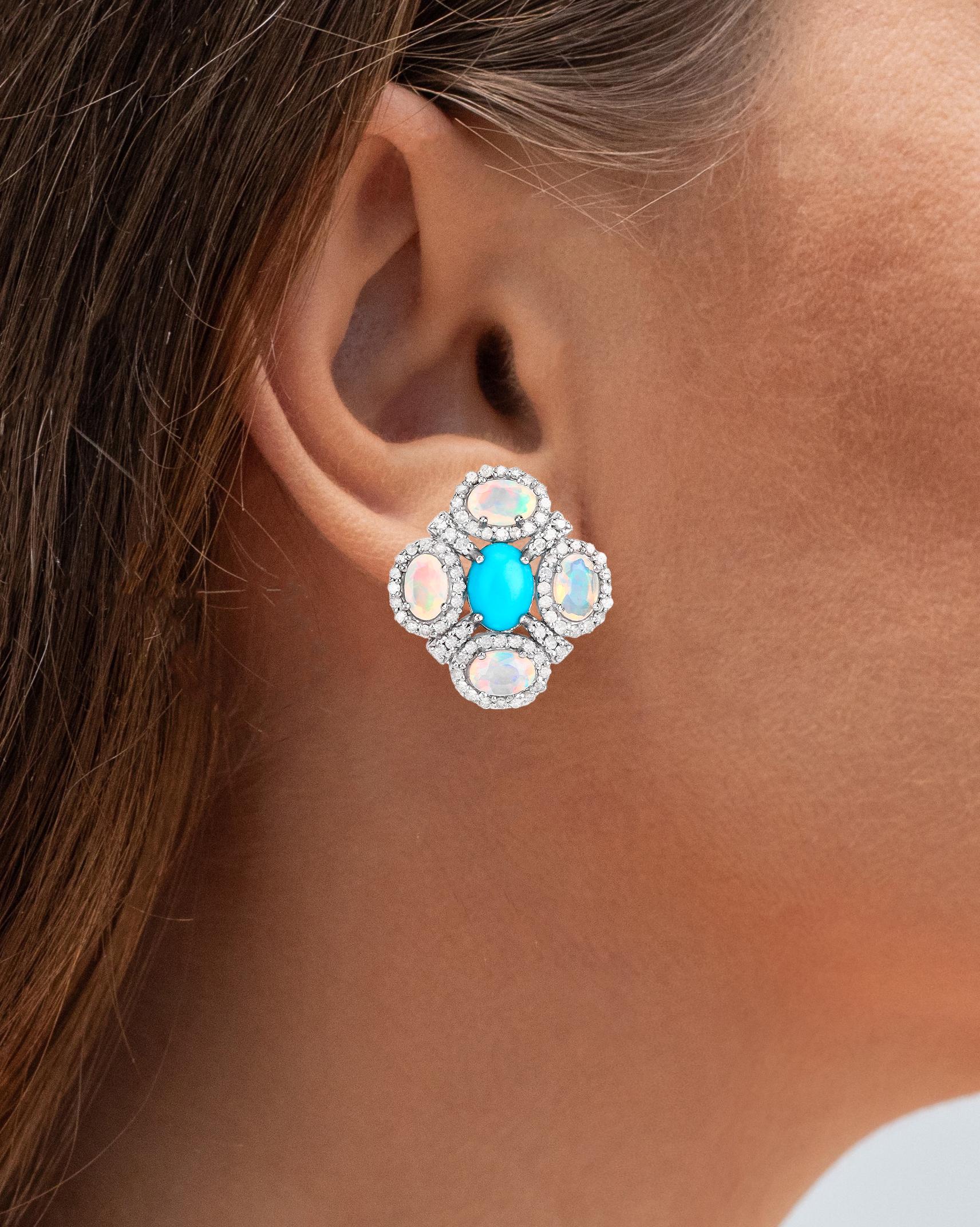 Ohrringe mit Regenbogen mit Türkis-Opal, Opalen und Diamanten, 5,15 Karat (Cabochon) im Angebot