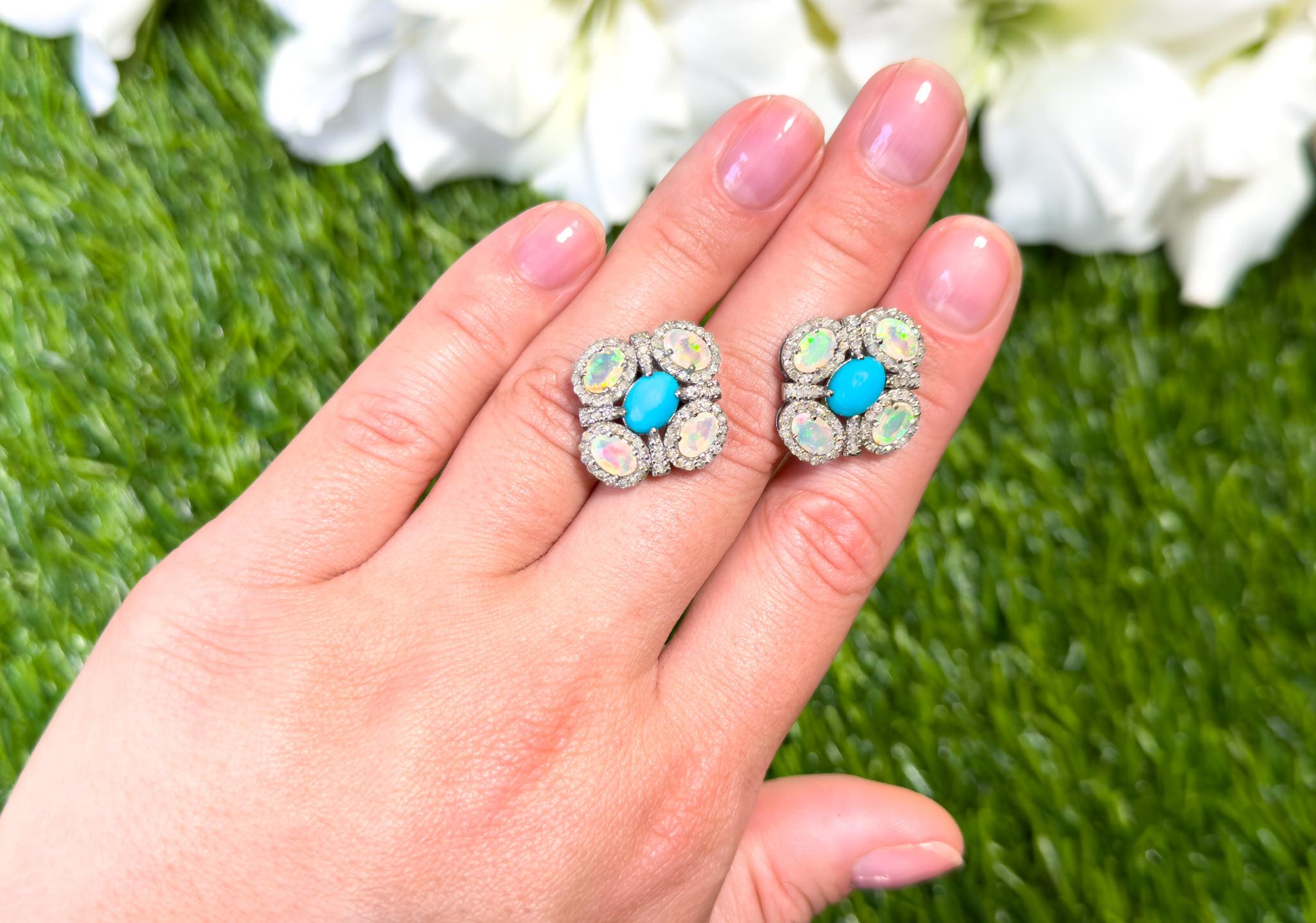 Rainbow Earrings Turquoise Opals Diamonds 5.15 Carats In Excellent Condition For Sale In Laguna Niguel, CA