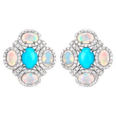Vintage Rainbow Earrings Turquoise Opals Diamonds 5.15 Carats