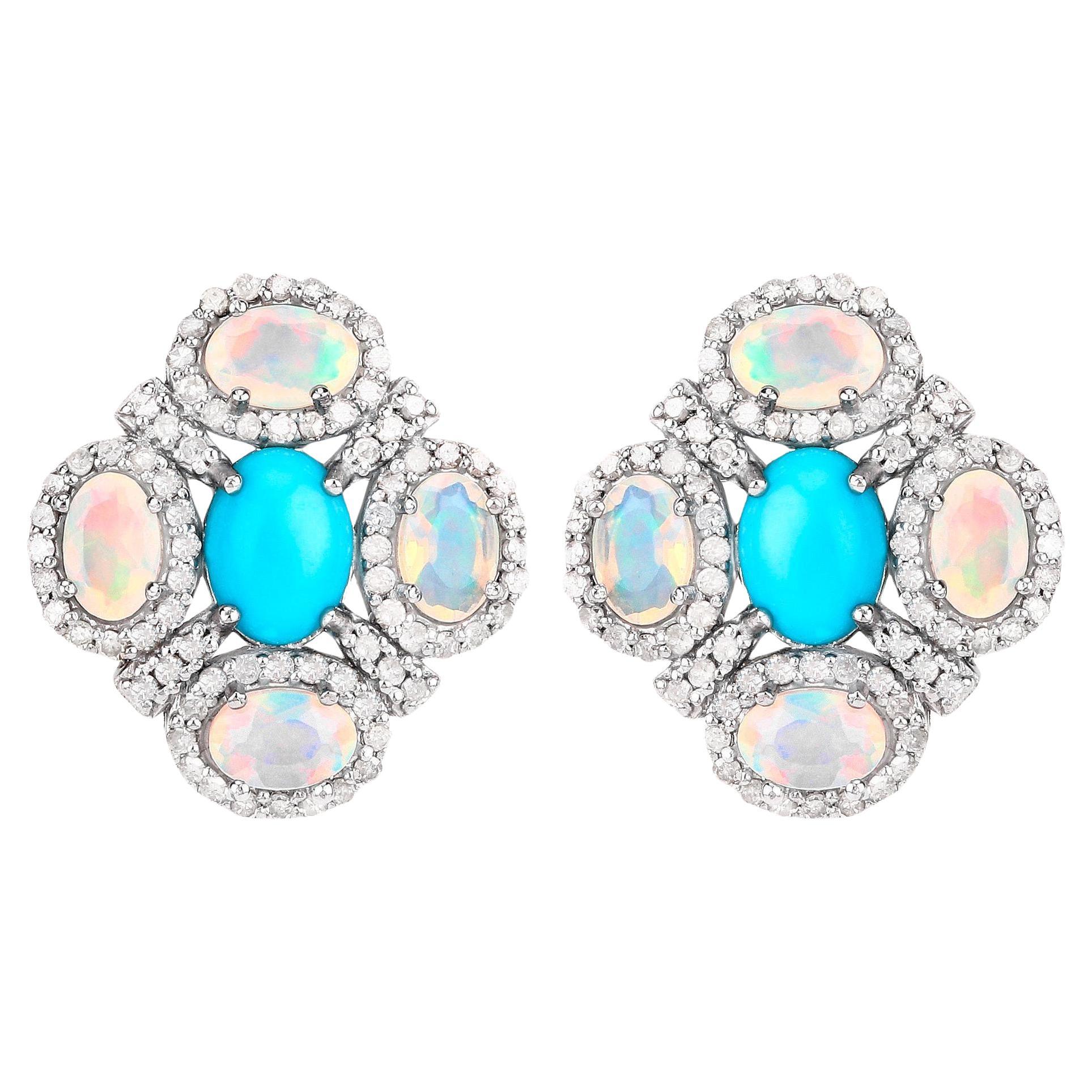 Boucles d'oreilles arc-en-ciel turquoises opales diamants 5,15 carats