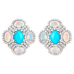 Rainbow Earrings Turquoise Opals Diamonds 5.15 Carats