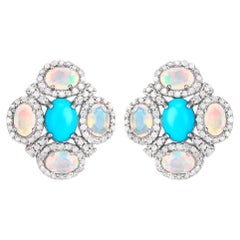 Vintage Rainbow Earrings Turquoise Opals Diamonds 5.15 Carats