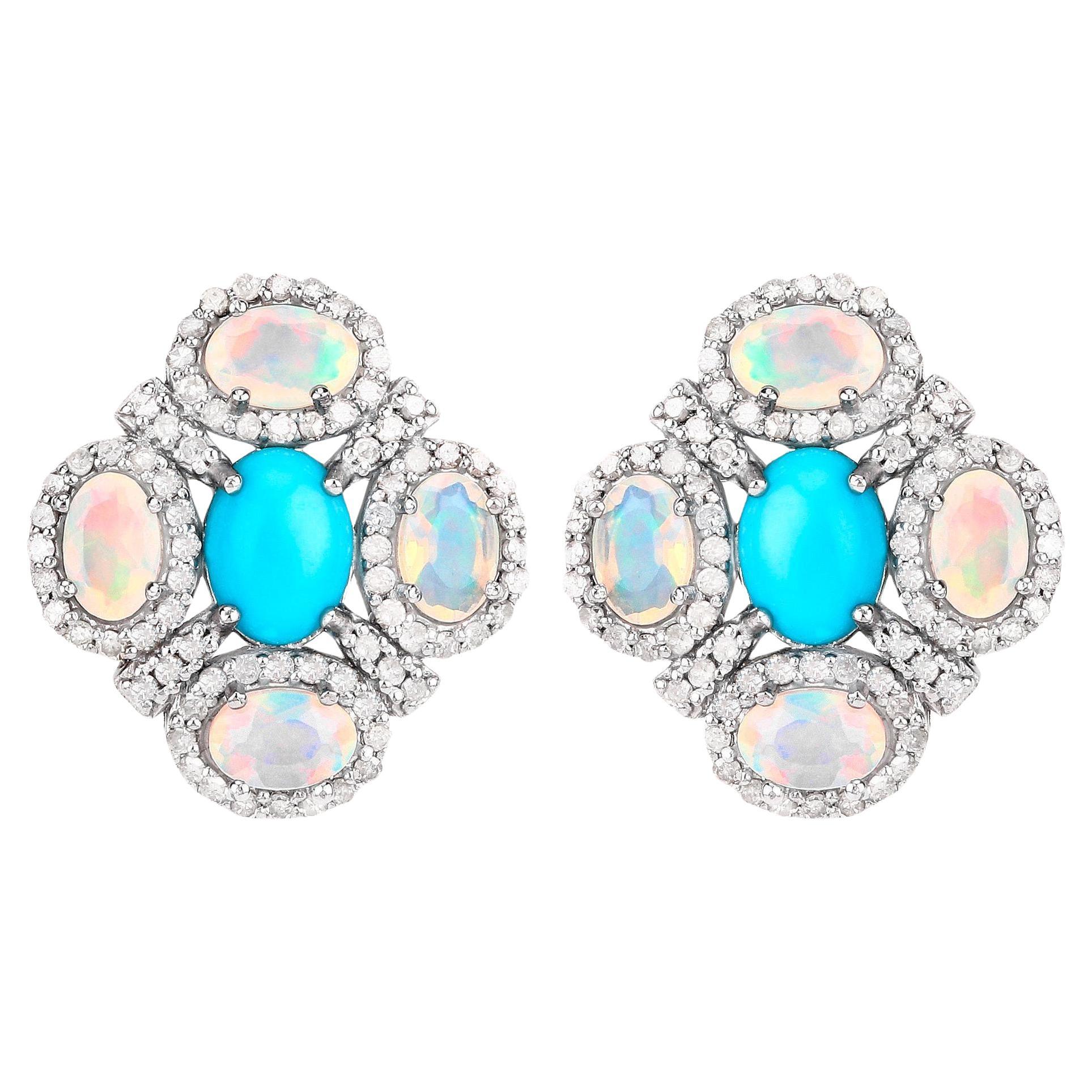 Rainbow Earrings Turquoise Opals Diamonds 5.15 Carats For Sale