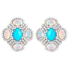 Rainbow Earrings Turquoise Opals Diamonds 5.15 Carats