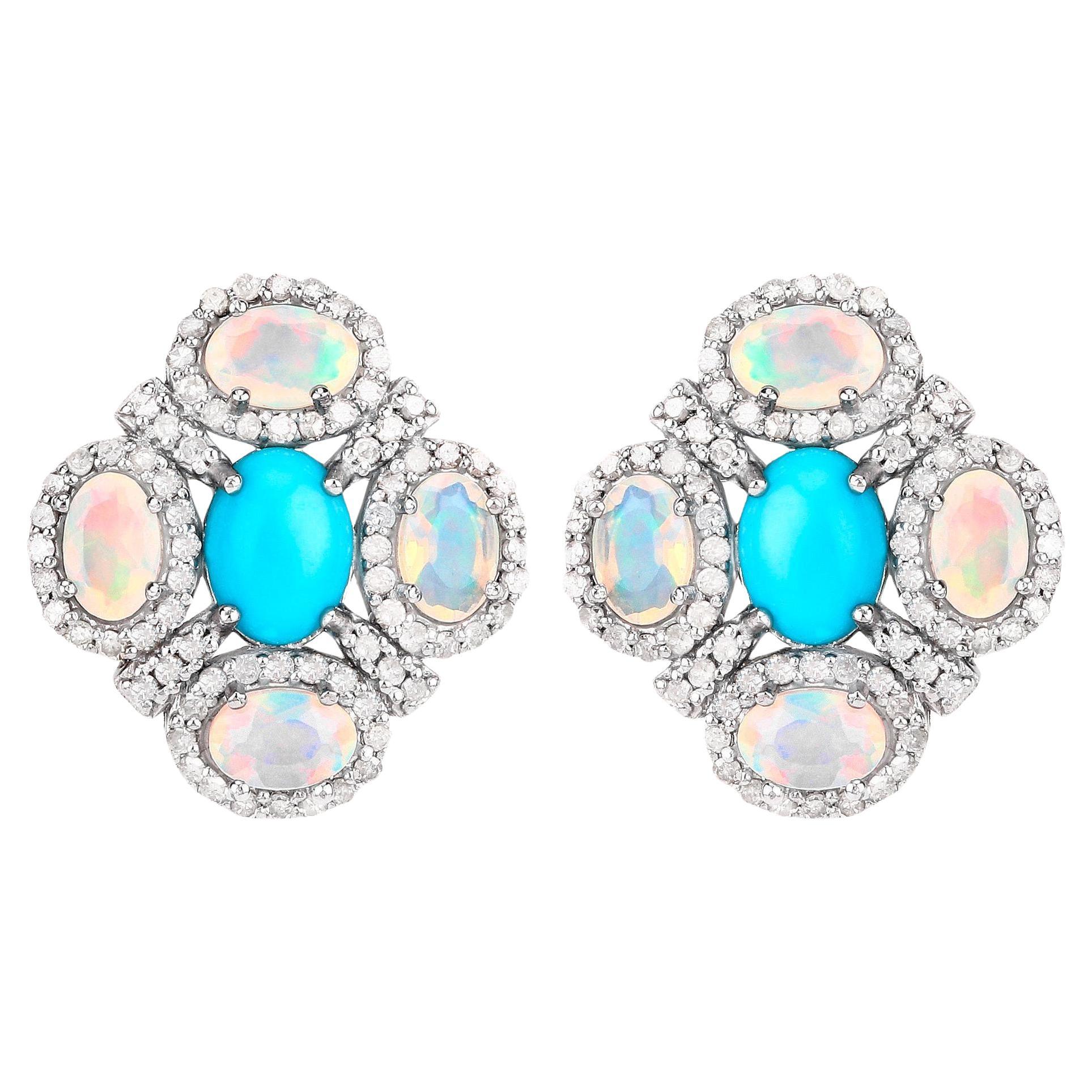 Boucles d'oreilles arc-en-ciel turquoises opales diamants 5,15 carats en vente