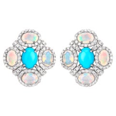 Retro Rainbow Earrings Turquoise Opals Diamonds 5.15 Carats