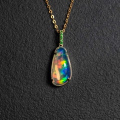 Rainbow Fire Opal & Tsavorite Necklace in 14K Yellow Gold