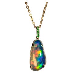 Rainbow Fire Opal & Tsavorite Necklace in 14K Yellow Gold