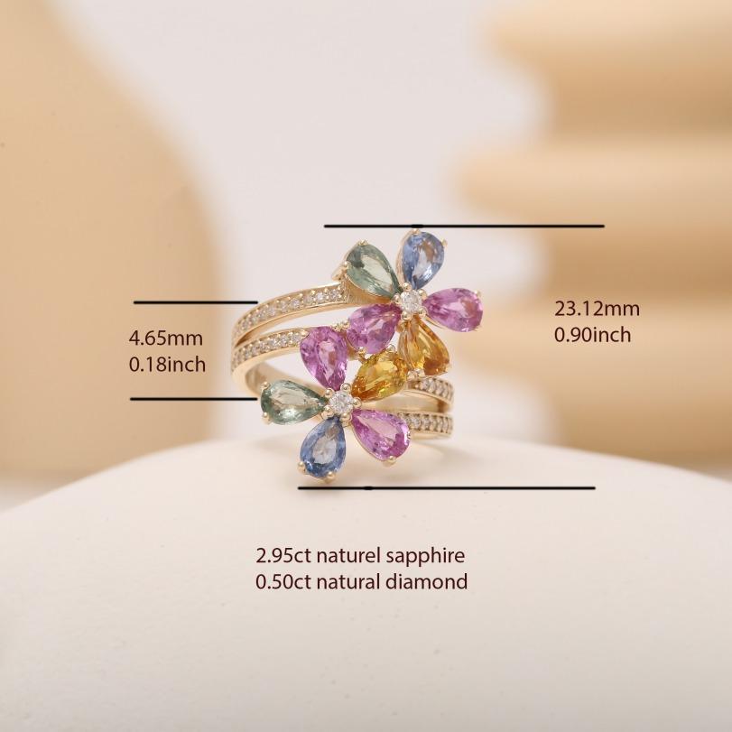 Ring mit Regenbogenblume, 3,45 Karat Saphir und Diamant (Rundschliff) im Angebot