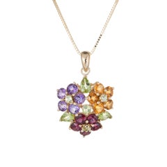 Rainbow Flower Cluster Pendant Necklace Vintage Peridot Amethyst 14 Karat Gold