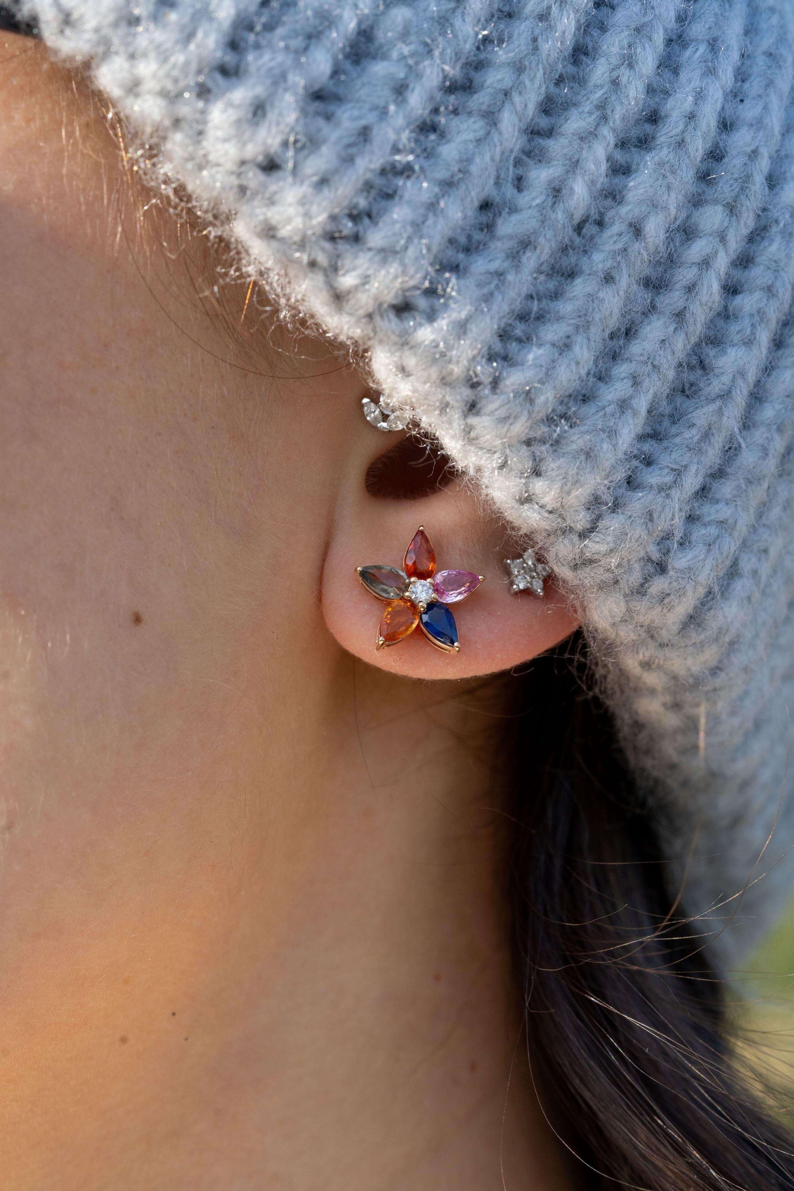 Brilliant Cut Rainbow Flower Sapphire Stud Earrings For Sale