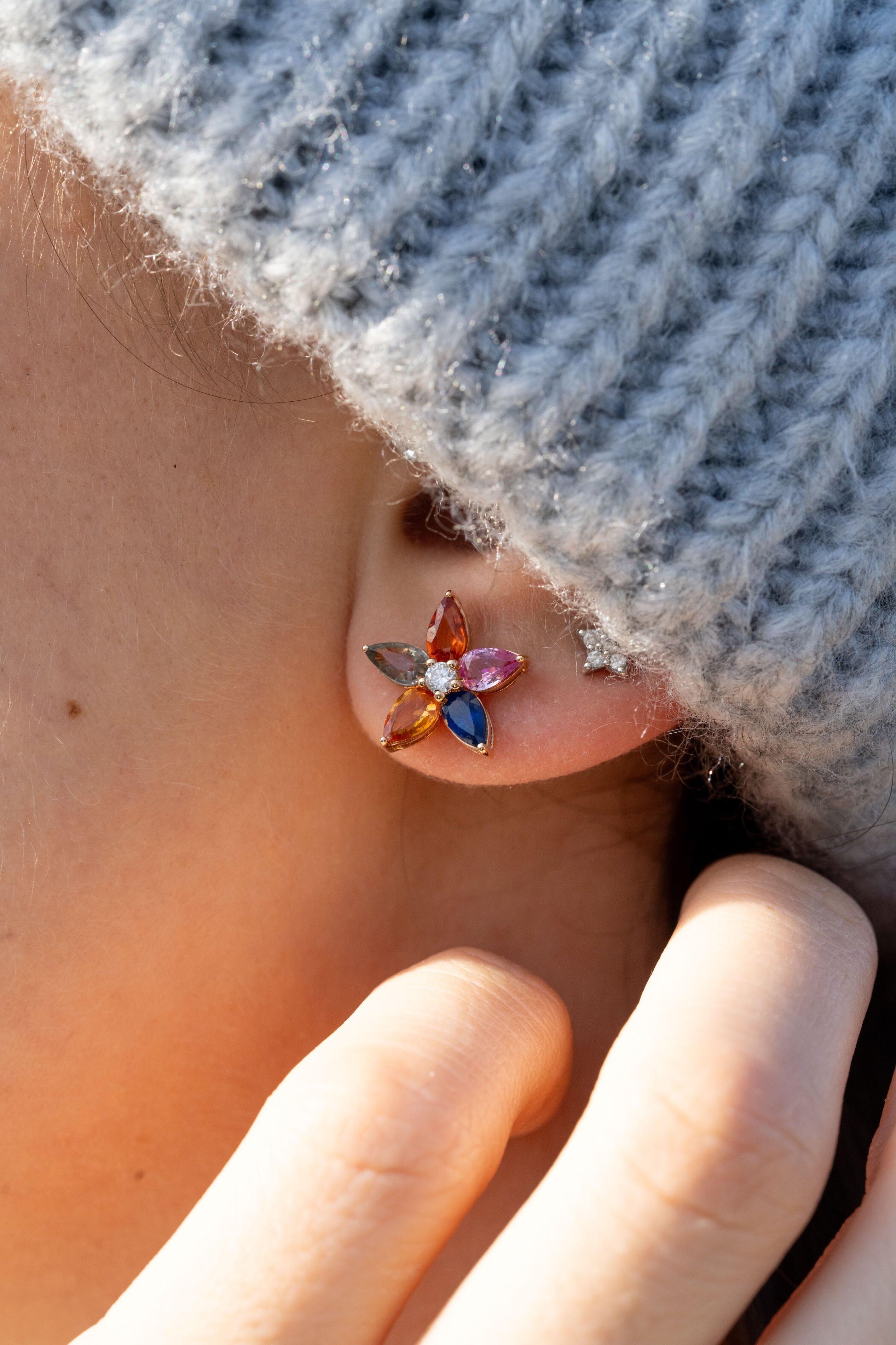 Women's Rainbow Flower Sapphire Stud Earrings For Sale