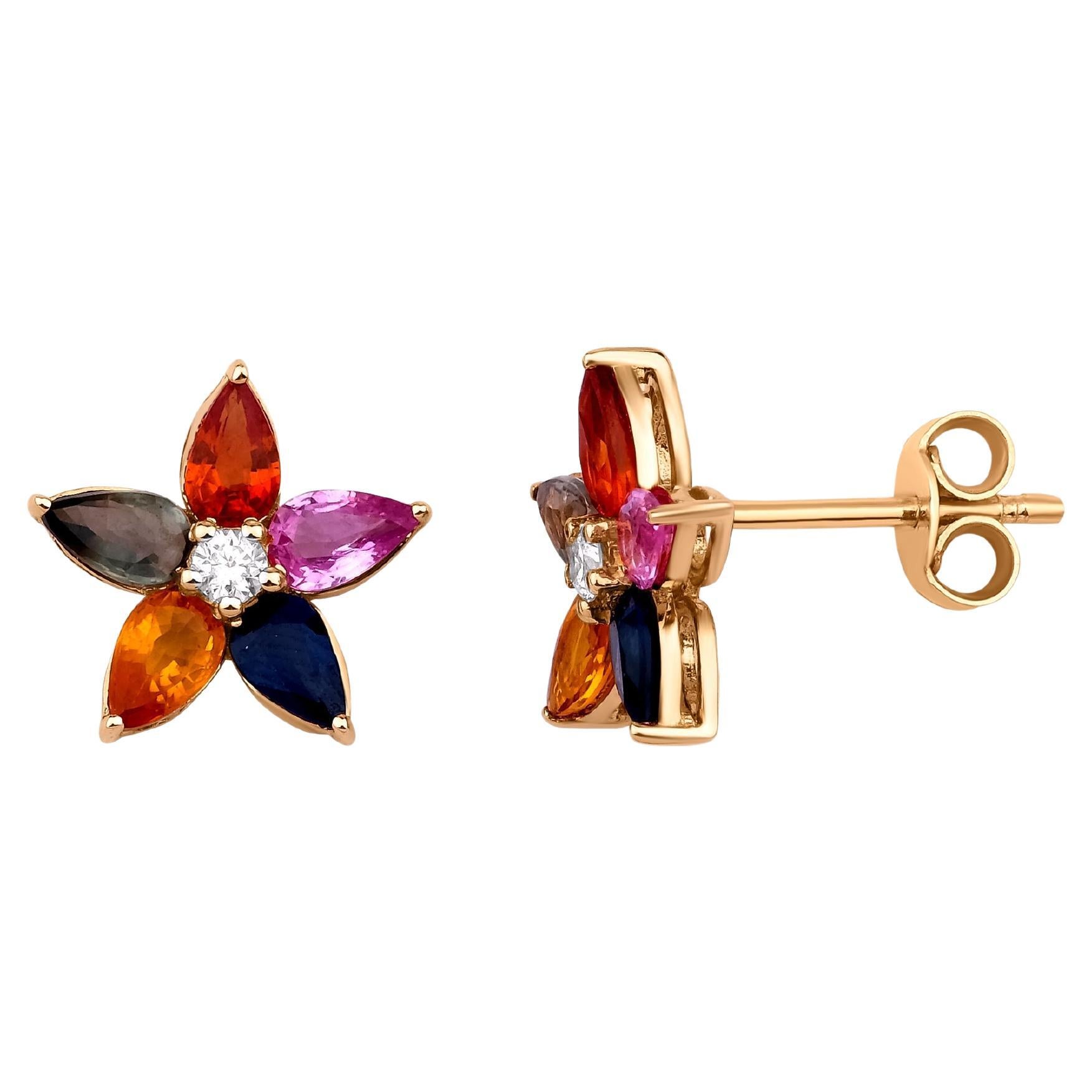 Rainbow Flower Sapphire Stud Earrings For Sale