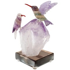 Rainbow Fluorite Hummingbird Pair on Purple Amethyst Point Mineral Base